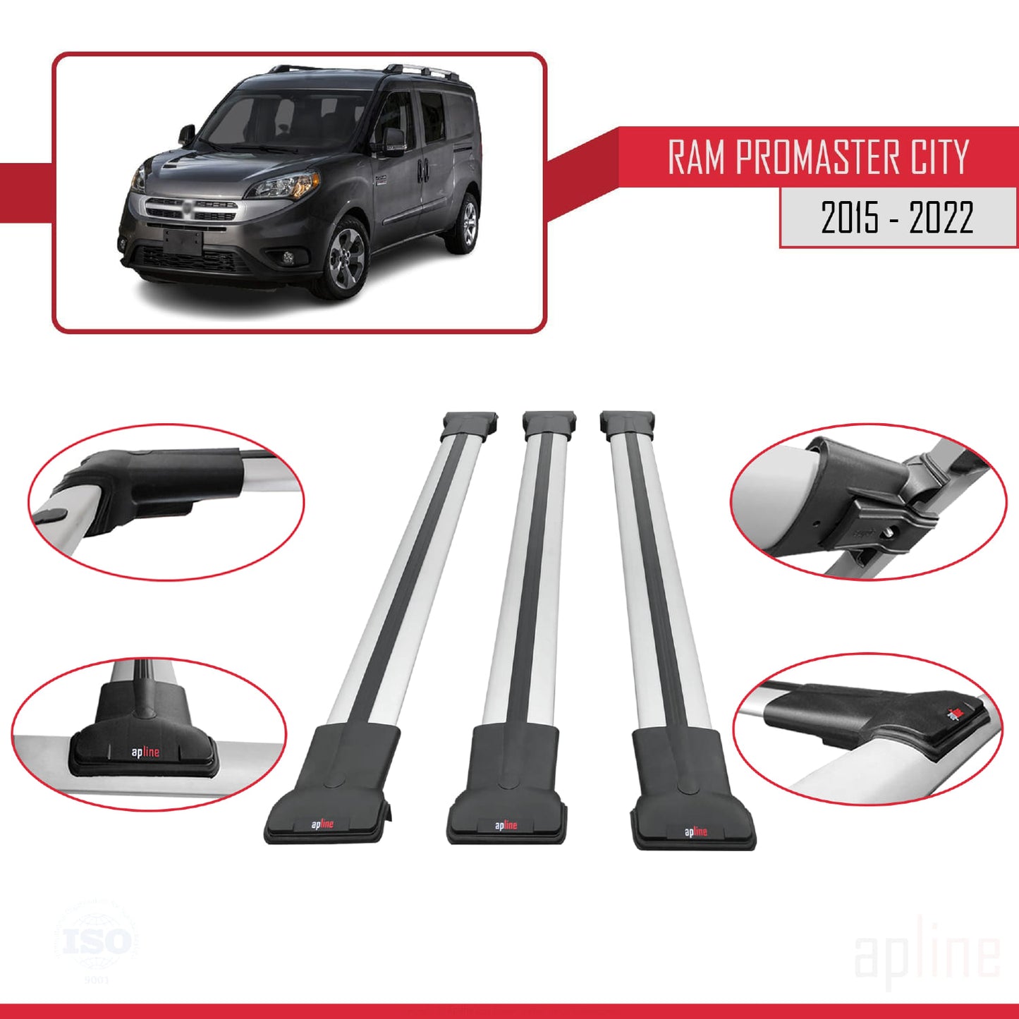 Compatible avec Ram Promaster City (636) 2015-2022 FLY Model Barres de Toit Railing Porte-Bagages de Voiture Gris Aluminium 3 Barres