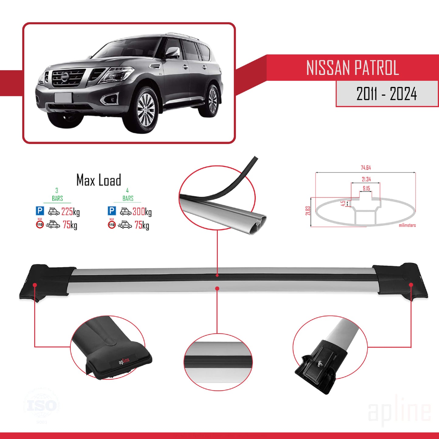 Compatible avec Nissan Patrol 6 (Y62) 2011-2024 FLY Model Barres de Toit Railing Porte-Bagages de Voiture Gris Aluminium 3 Barres