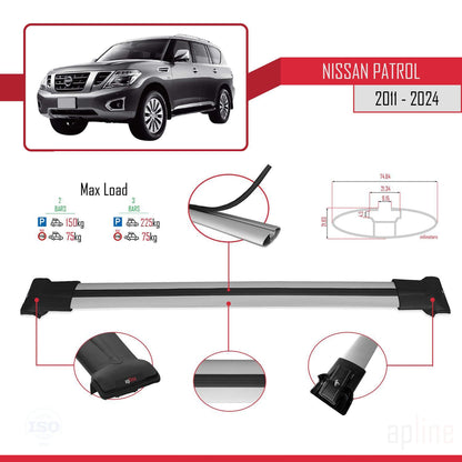 Compatible avec Nissan Patrol 6 (Y62) 2011-2024 FLY Model Barres de Toit Railing Porte-Bagages de Voiture Gris Aluminium 2 Barres