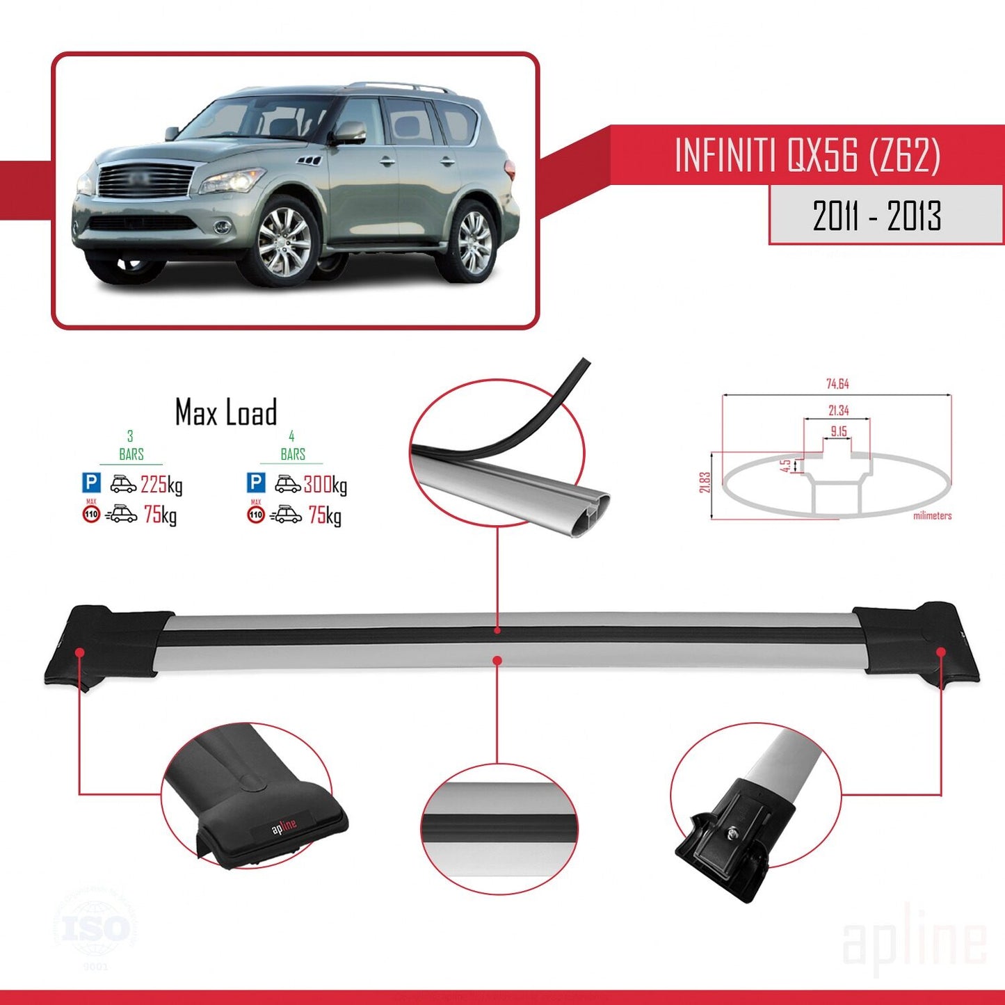 Compatible avec IInfiniti QX56 (Z62) 2011-2013 FLY Model Barres de Toit Railing Porte-Bagages de Voiture Gris Aluminium 3 Barres