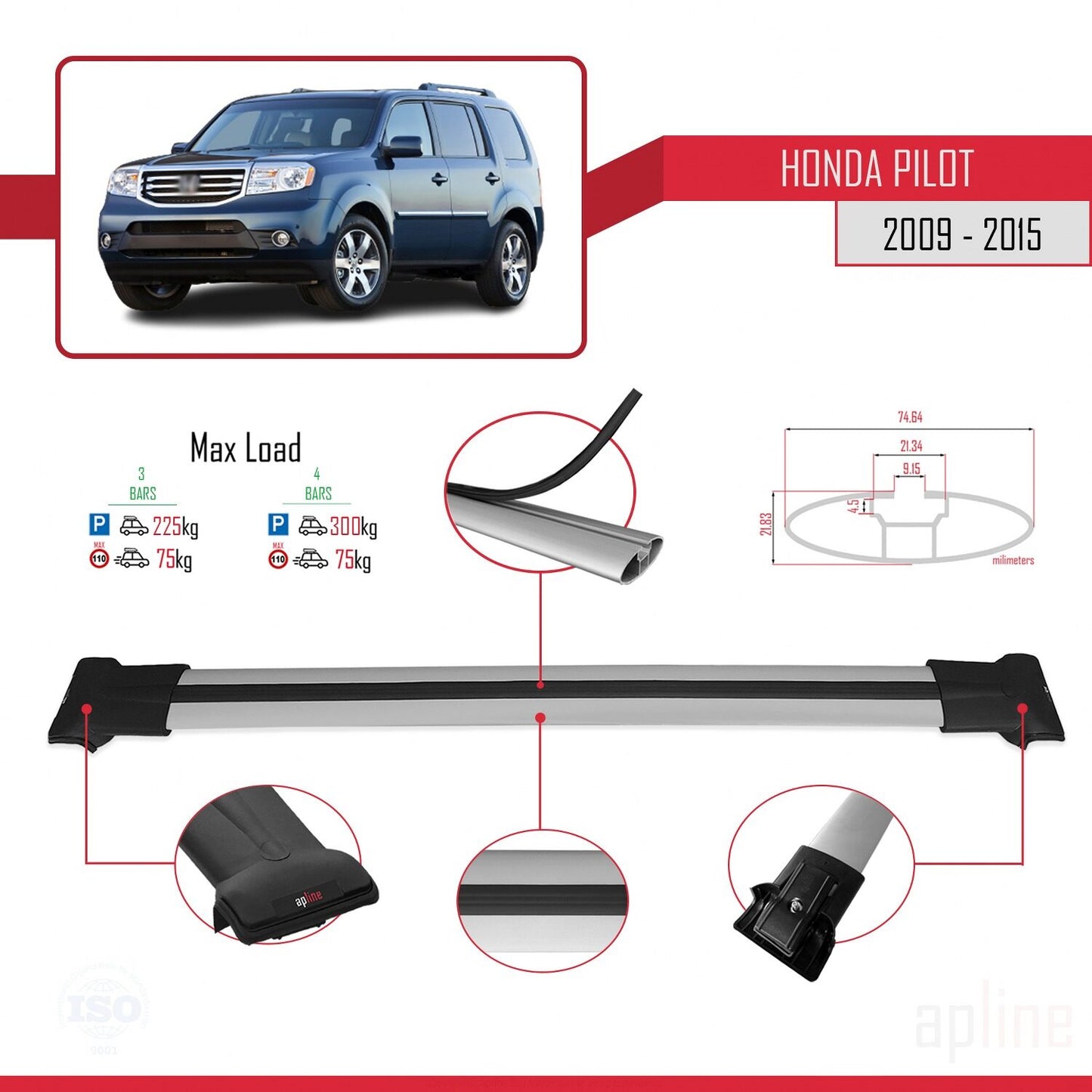 Compatible avec Honda Pilot 2 2009-2015 FLY Model Barres de Toit Railing Porte-Bagages de Voiture Gris Aluminium 3 Barres