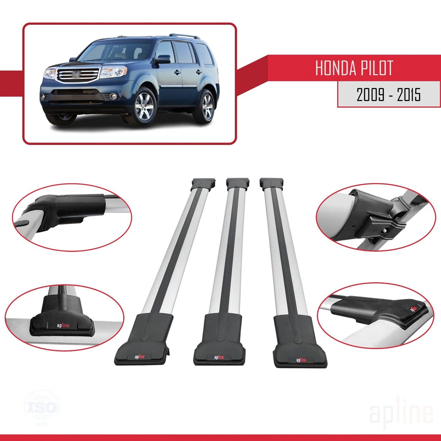 Compatible avec Honda Pilot 2 2009-2015 FLY Model Barres de Toit Railing Porte-Bagages de Voiture Gris Aluminium 3 Barres