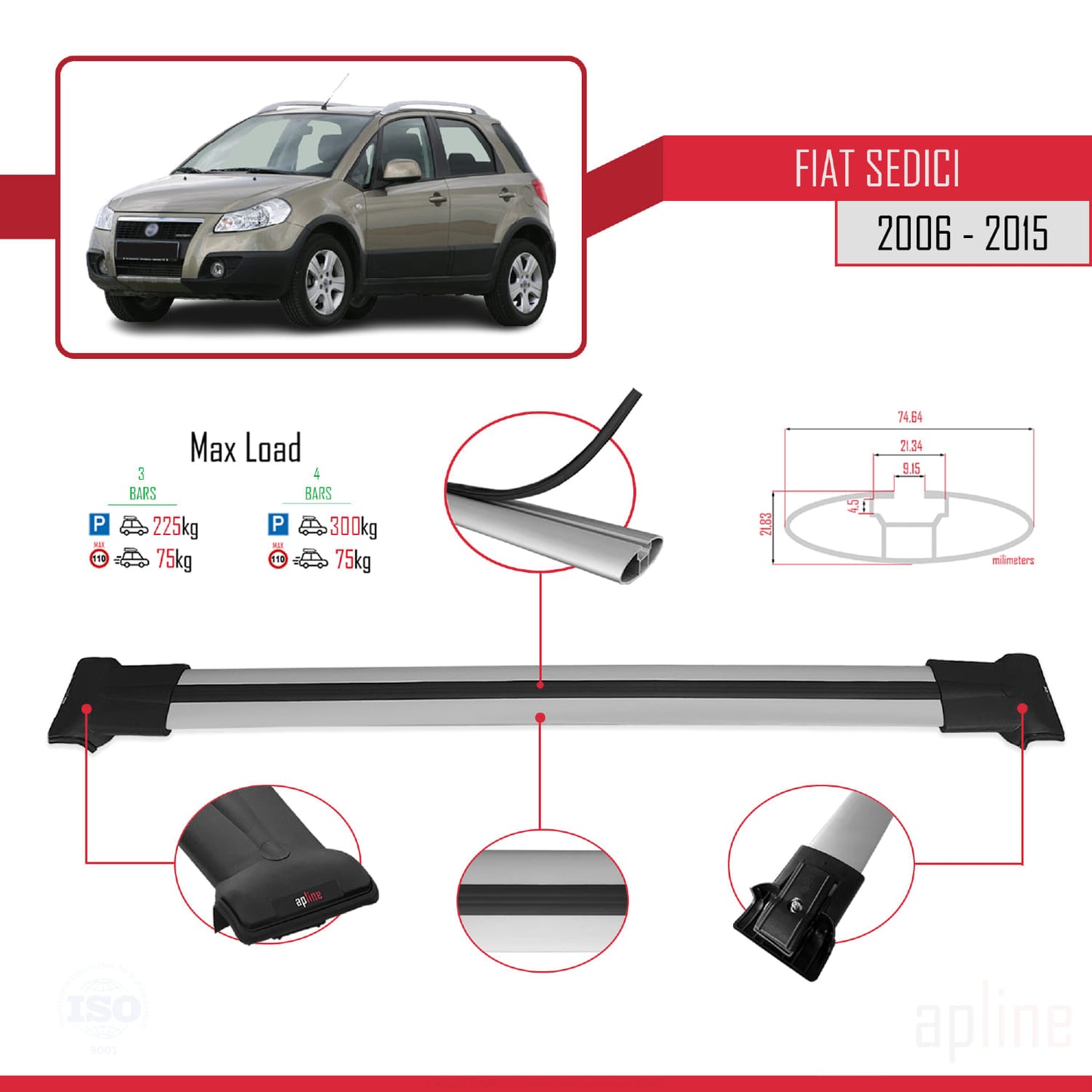 Compatible avec Fiat Sedici 2006-2015 FLY Model Barres de Toit Railing Porte-Bagages de Voiture Gris Aluminium 3 Barres