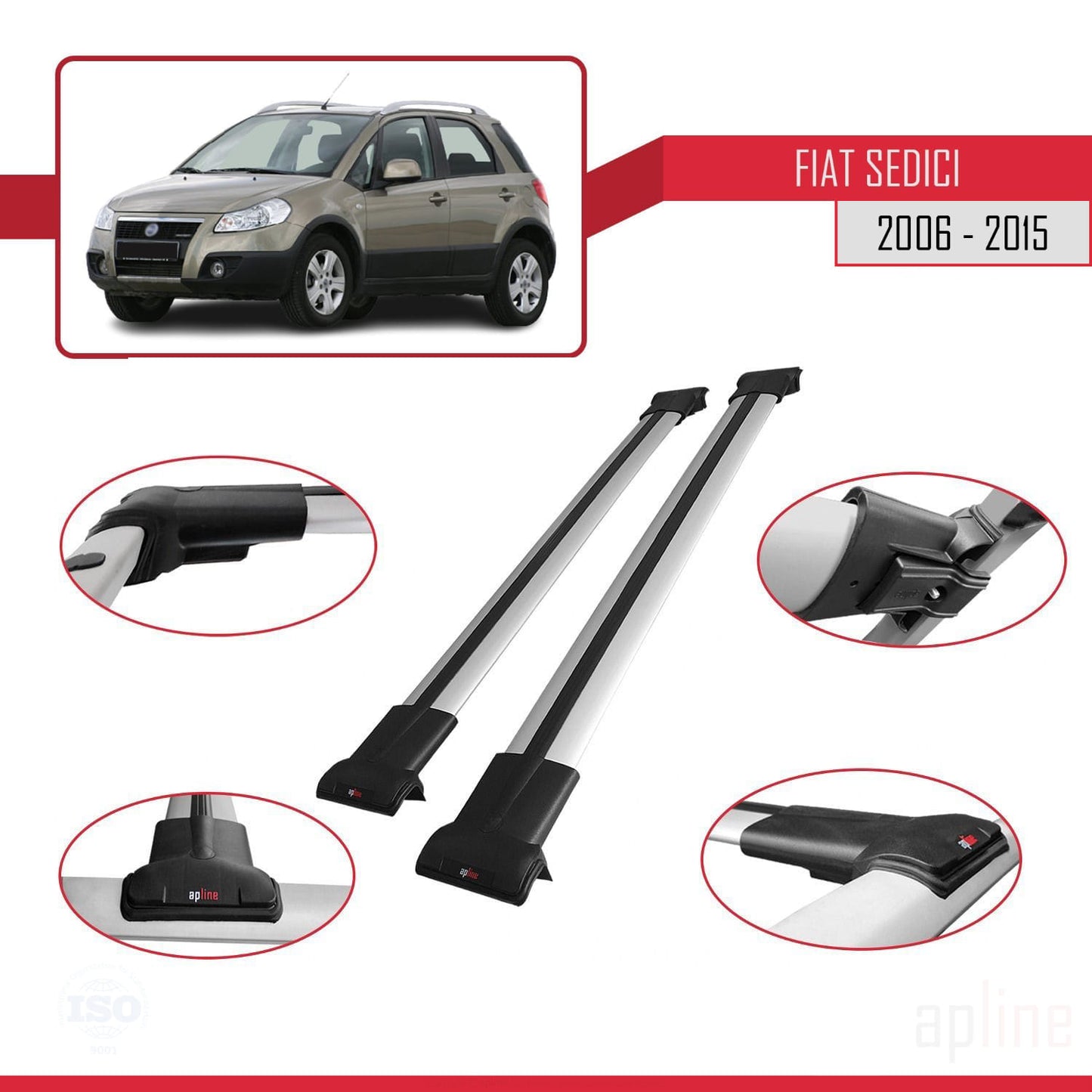 Compatible avec Fiat Sedici 2006-2015 FLY Model Barres de Toit Railing Porte-Bagages de Voiture Gris Aluminium 2 Barres