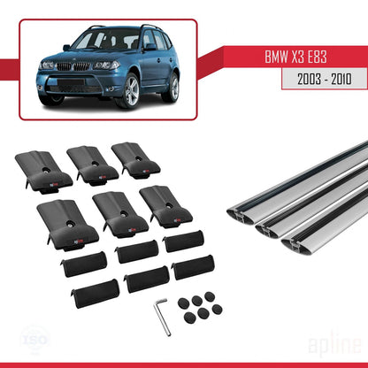 Kompatibel mit BMW X3 (E83) 2003-2010 FLY Modell Dachgepäckträger, graues Aluminium, 3-Stangen