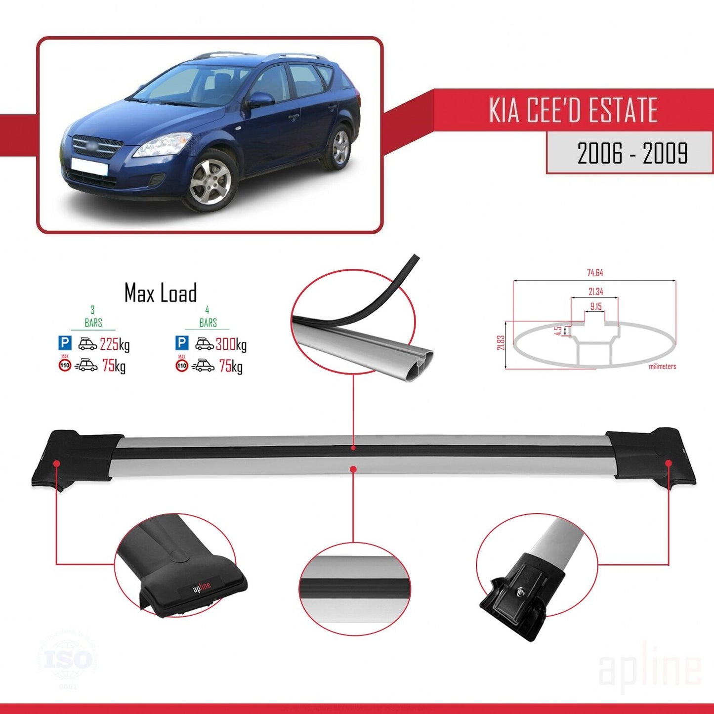 Compatible avec Kia Ceed (ED) Break Pre-Facelift 2006-2009 FLY Model Barres de Toit Railing Porte-Bagages de Voiture Gris Aluminium 3 Barres