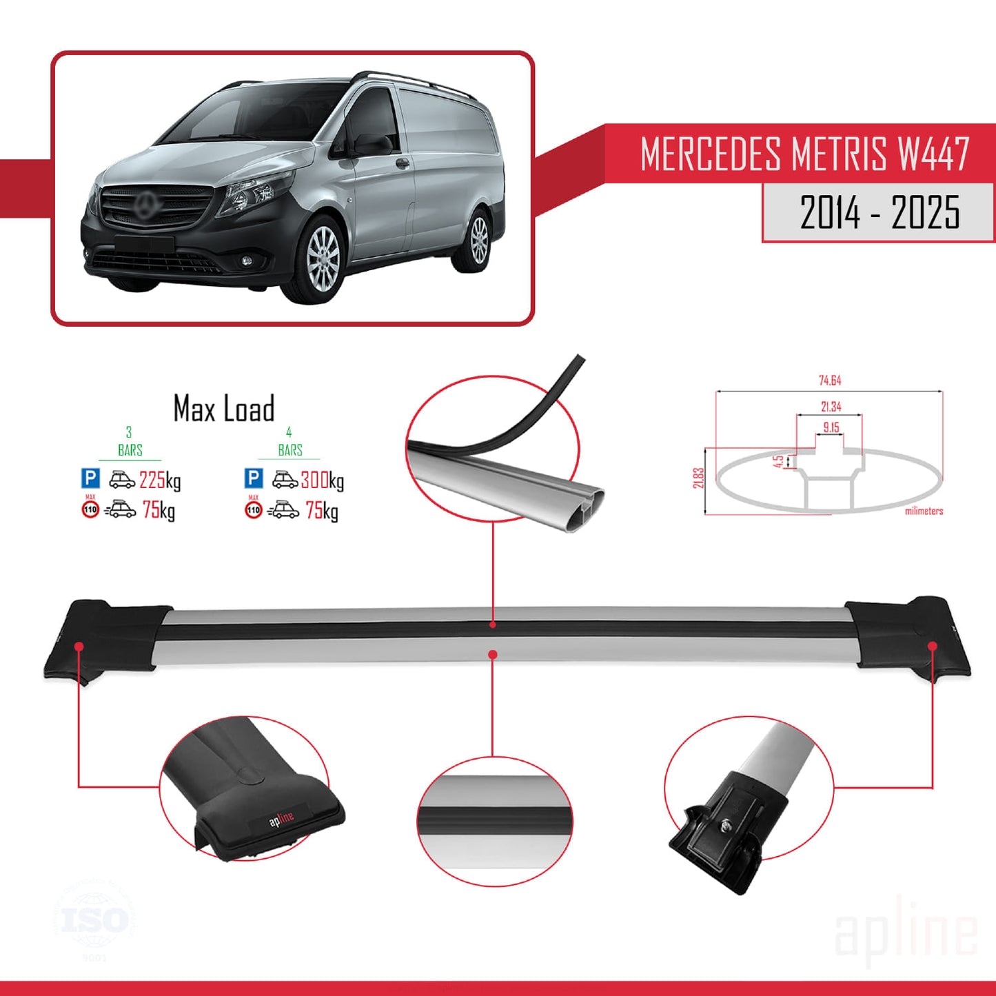 Compatible avec Mercedes Metris (W447) 2014-2025 FLY Model Barres de Toit Railing Porte-Bagages de Voiture Gris Aluminium 3 Barres