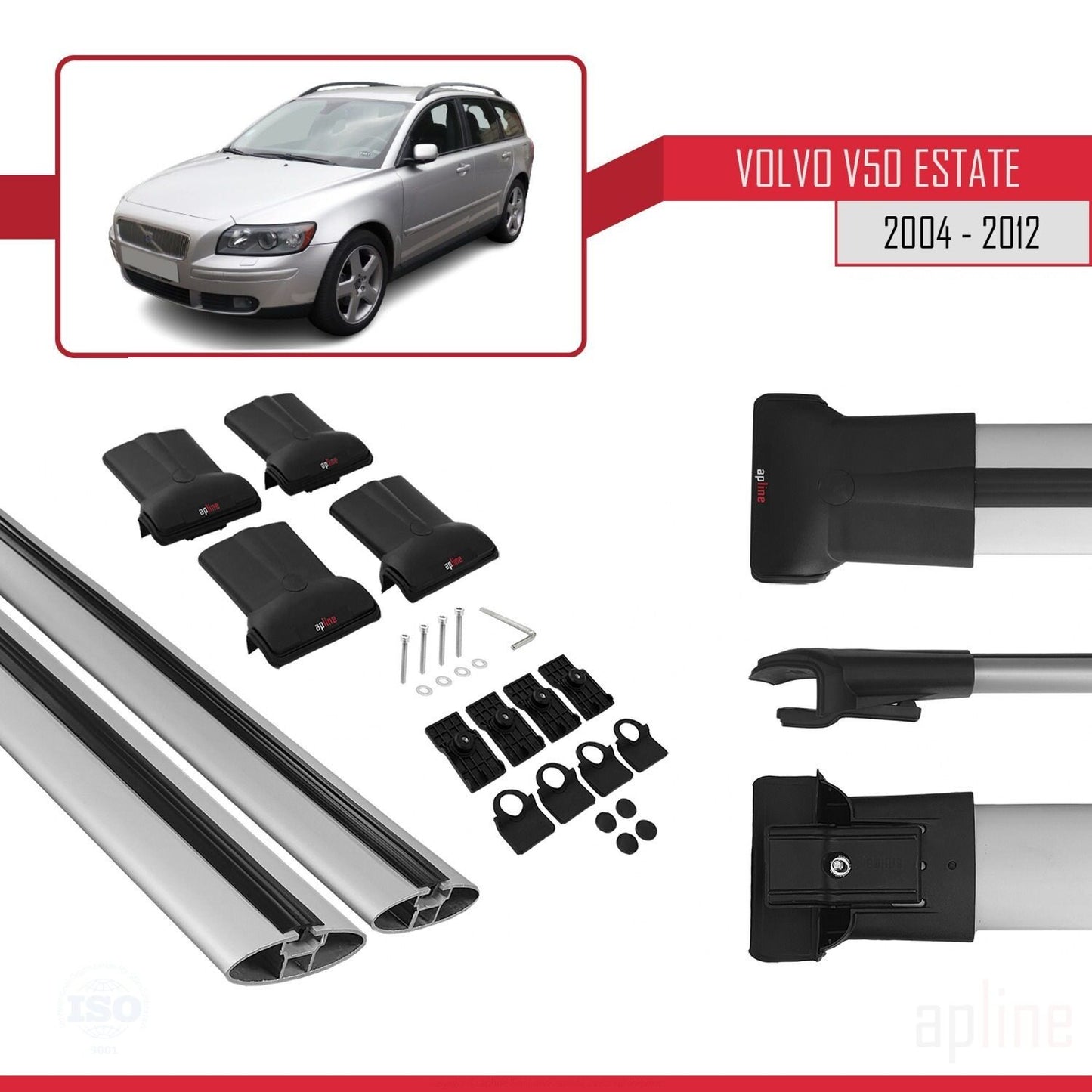 Compatible avec Volvo V50 2004-2012 FLY Model Barres de Toit Railing Porte-Bagages de Voiture Gris Aluminium 2 Barres