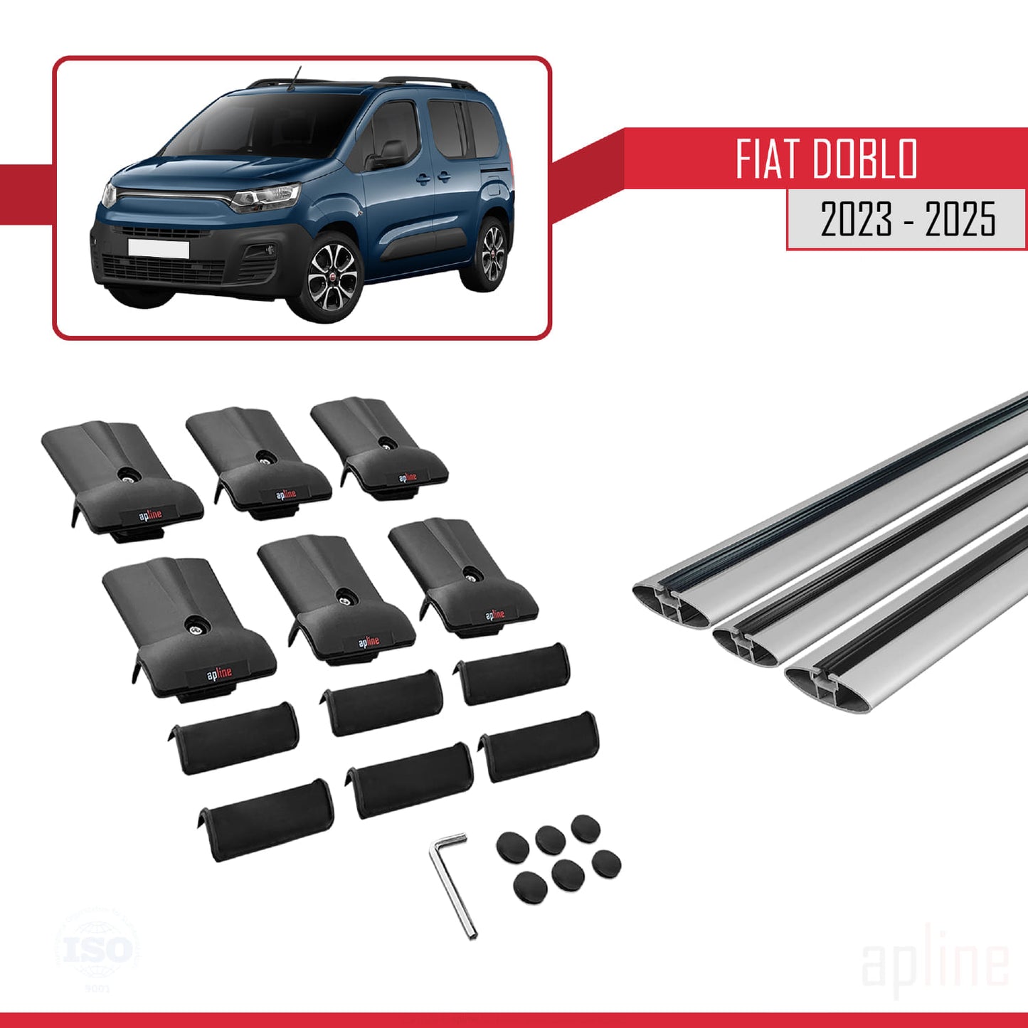 Compatible avec Fiat Doblo 3 2023-2025 FLY Model Barres de Toit Railing Porte-Bagages de Voiture Gris Aluminium 3 Barres