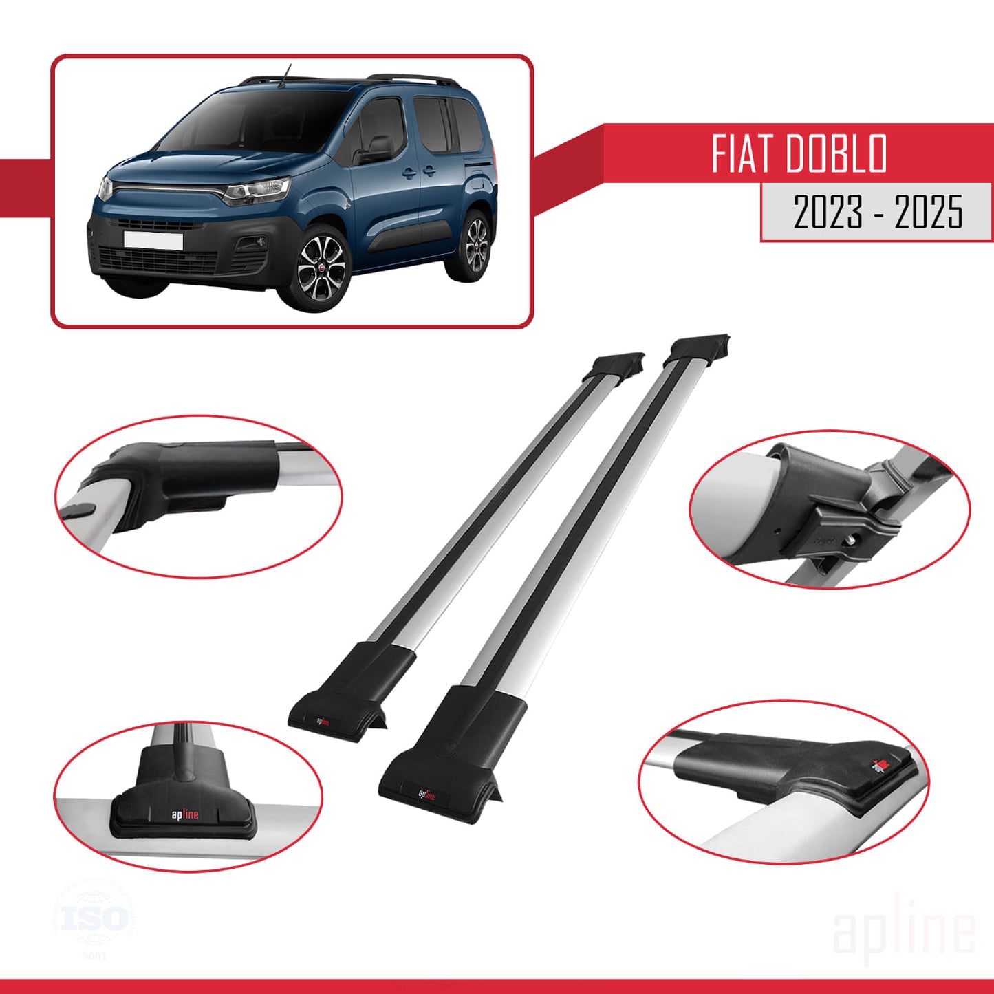 Compatibile con Fiat Doblo 3 2023-2025 Modello FLY Barre Portatutto Railing Portapacchi Auto Alluminio Grigio 2 Barre