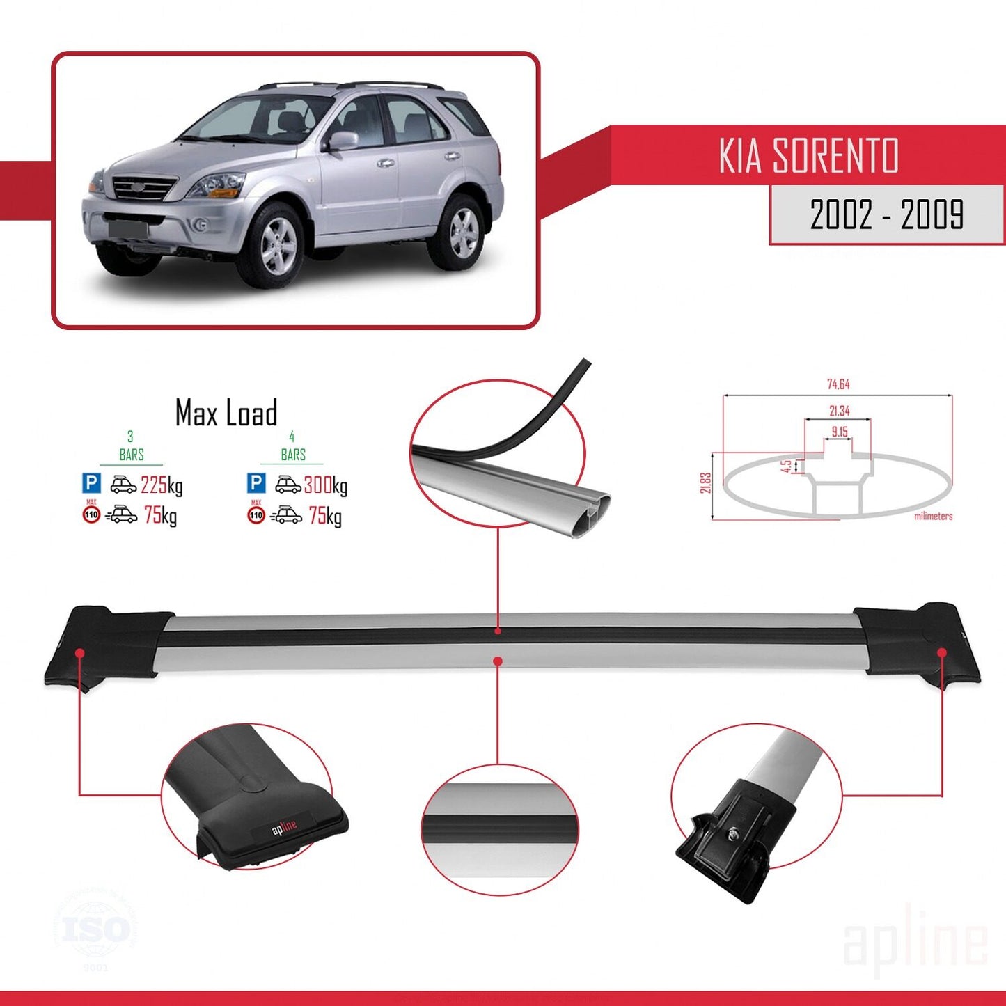 Compatible avec Kia Sorento (BL) 2002-2009 FLY Model Barres de Toit Railing Porte-Bagages de Voiture Gris Aluminium 3 Barres