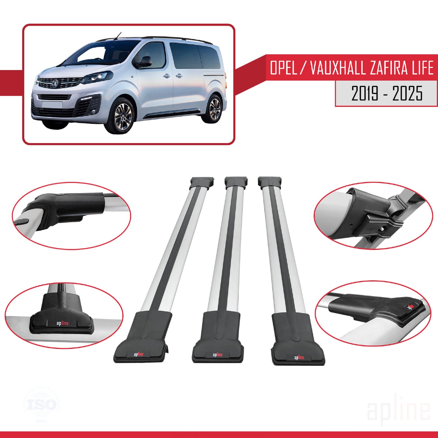 Compatible avec Opel Zafira Life 2019-2025 FLY Model Barres de Toit Railing Porte-Bagages de Voiture Gris Aluminium 3 Barres