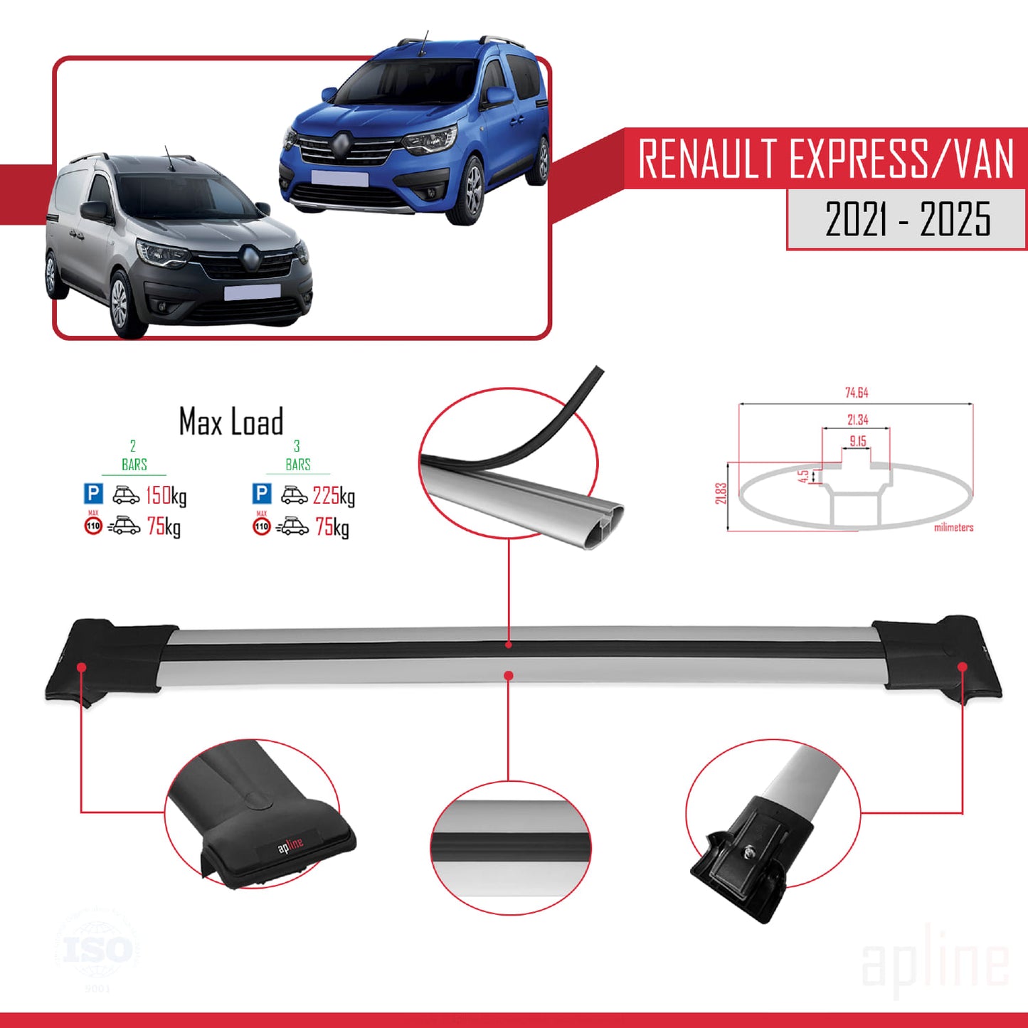 Compatible avec Renault Express 2021-2025 FLY Model Barres de Toit Railing Porte-Bagages de Voiture Gris Aluminium 2 Barres