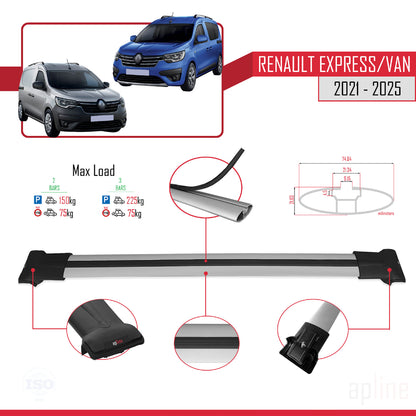 Compatible avec Renault Express 2021-2025 FLY Model Barres de Toit Railing Porte-Bagages de Voiture Gris Aluminium 2 Barres
