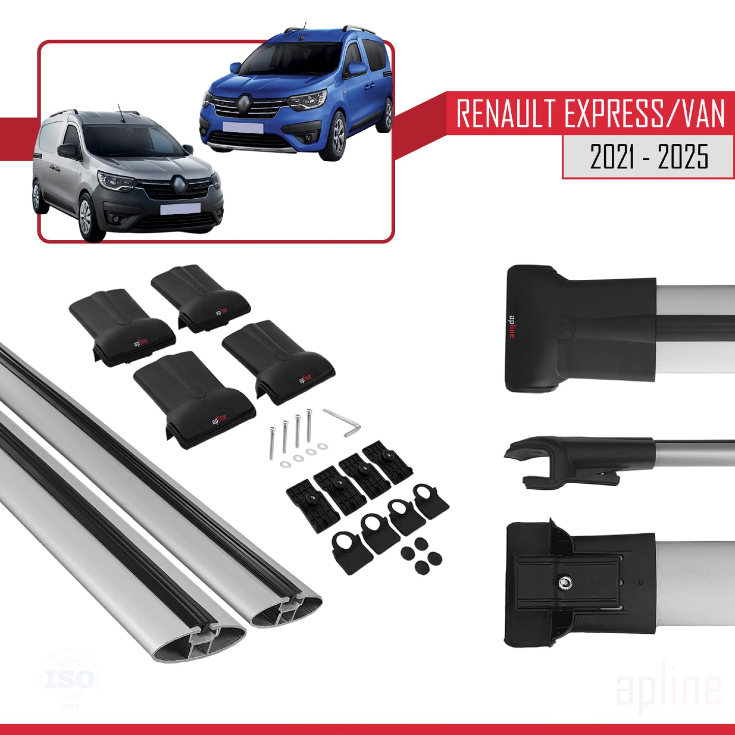 Compatible avec Renault Express 2021-2025 FLY Model Barres de Toit Railing Porte-Bagages de Voiture Gris Aluminium 2 Barres