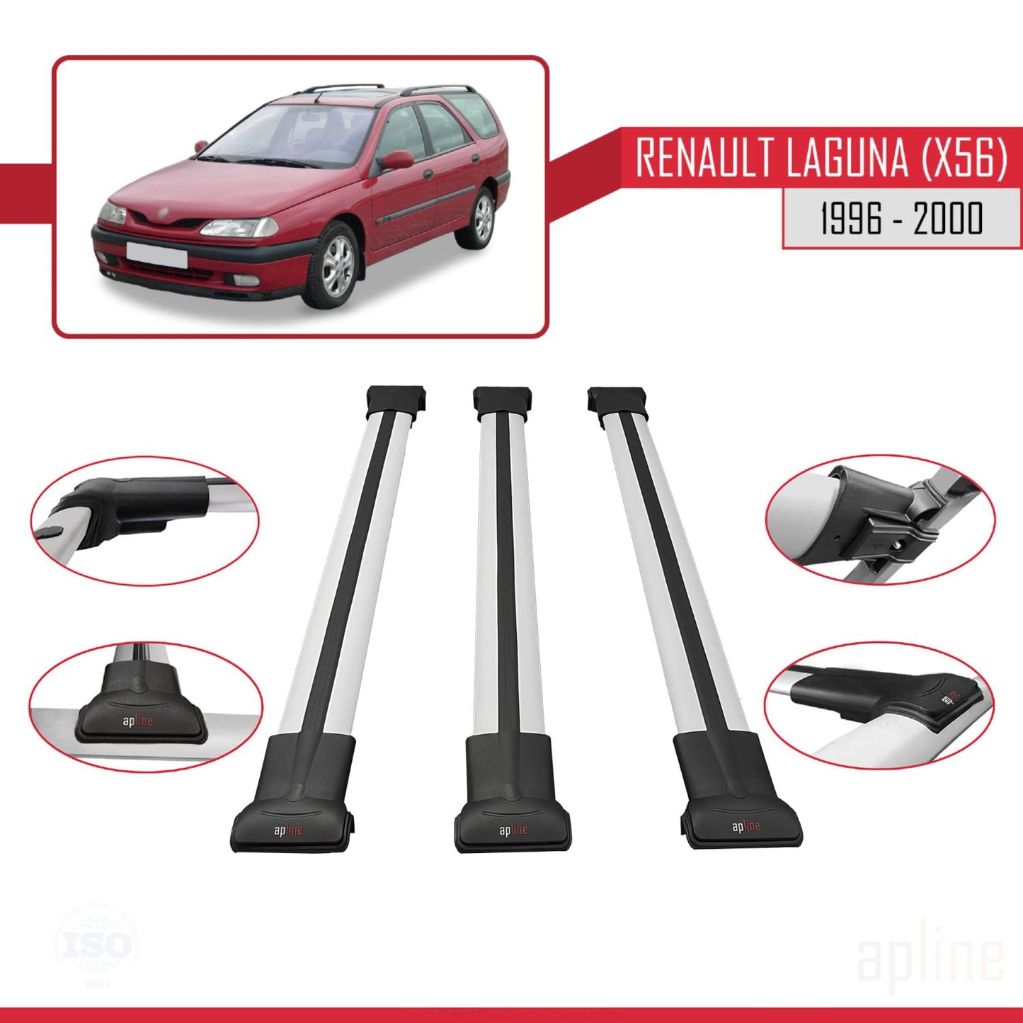 Compatible avec Renault Laguna (X56) 1996-200 FLY Model Barres de Toit Railing Porte-Bagages de Voiture Gris Aluminium 3 Barres