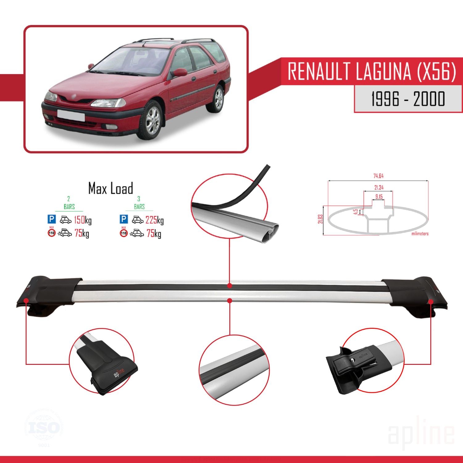Compatible avec Renault Laguna (X56) 1996-200 FLY Model Barres de Toit Railing Porte-Bagages de Voiture Gris Aluminium 3 Barres