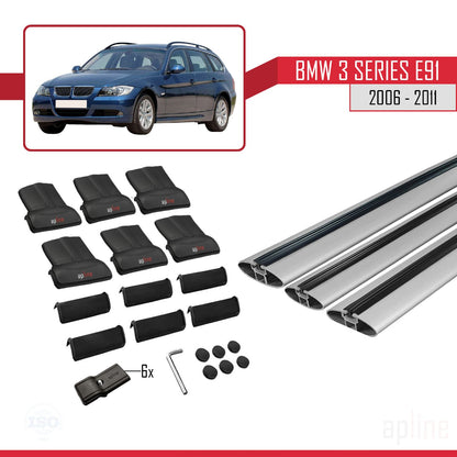 Compatible avec BMW 3 Series E91 Touring 2006-2011 FLY Model Barres de Toit Railing Porte-Bagages de Voiture Gris Aluminium 3 Barres