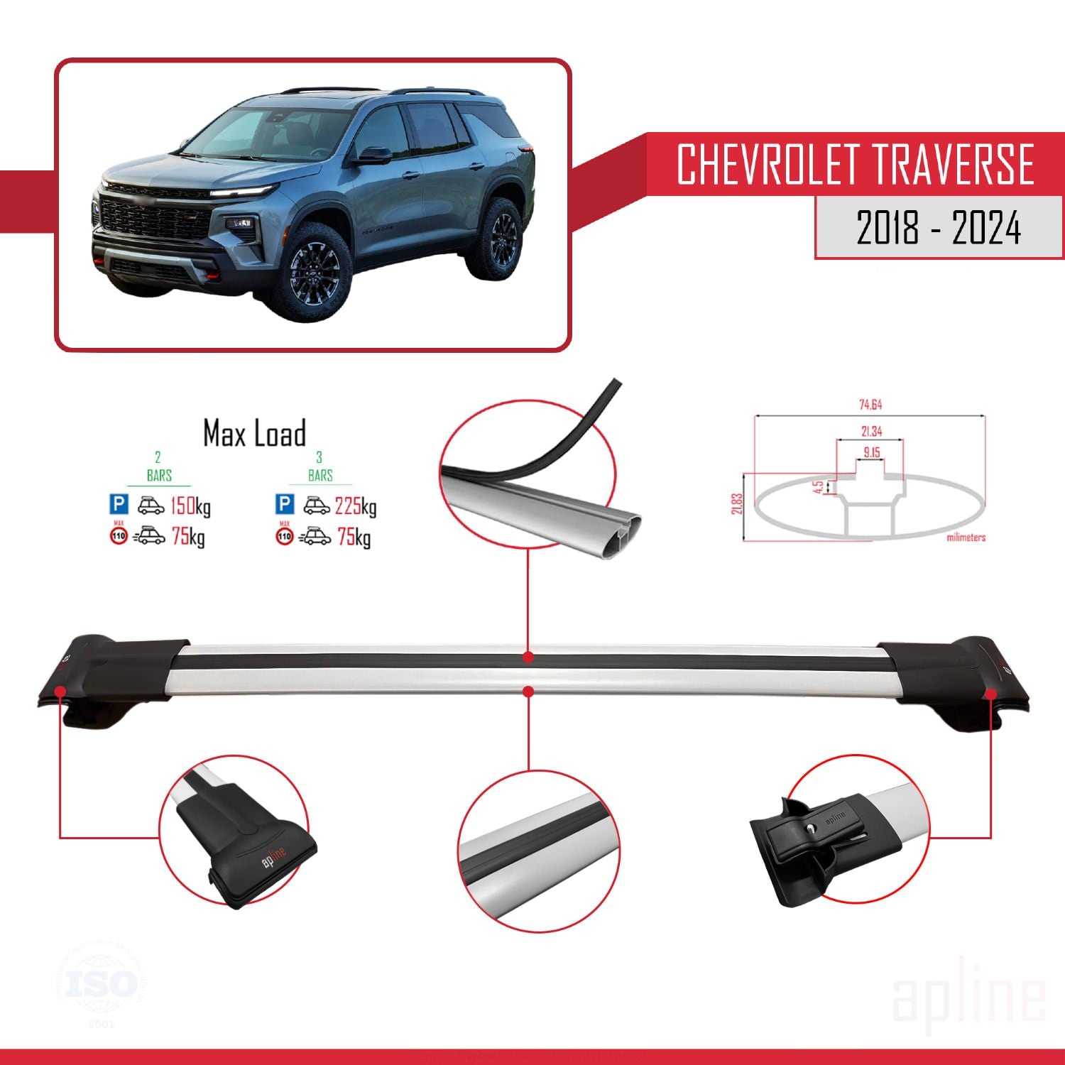 Compatible avec Chevrolet Traverse 2018-2024 FLY Model Barres de Toit Railing Porte-Bagages de Voiture Gris Aluminium 2 Barres