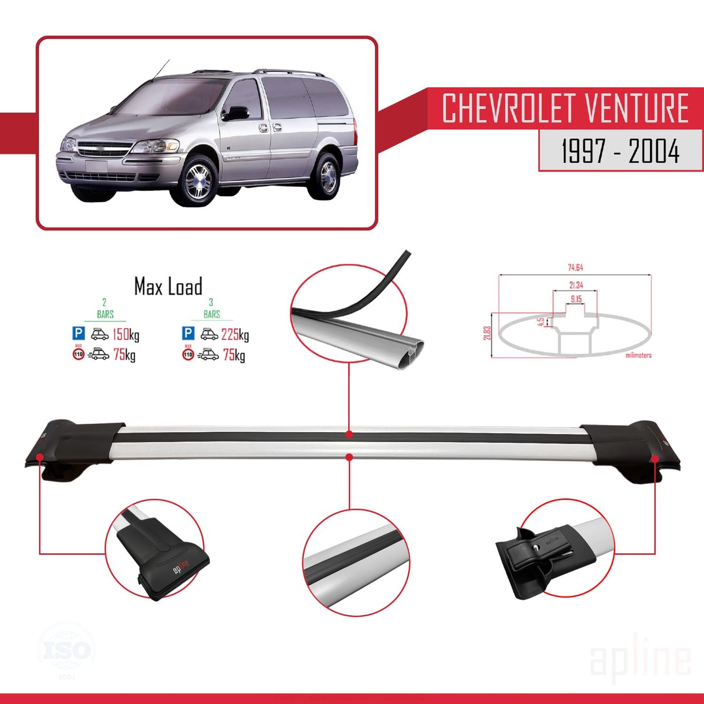 Compatible avec Chevrolet Venture 1997-2004 FLY Model Barres de Toit Railing Porte-Bagages de Voiture Gris Aluminium 2 Barres