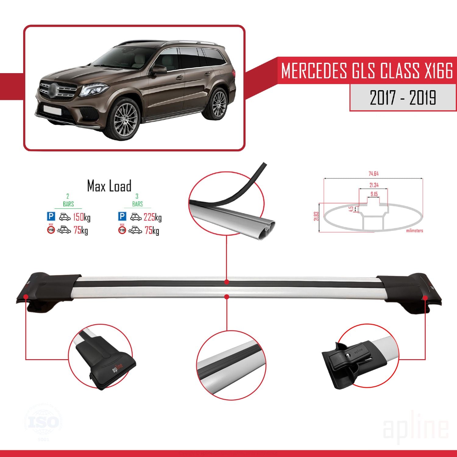 Compatible avec Mercedes GLS Class X166 2017-2019 FLY Model Barres de Toit Railing Porte-Bagages de Voiture Gris Aluminium 3 Barres