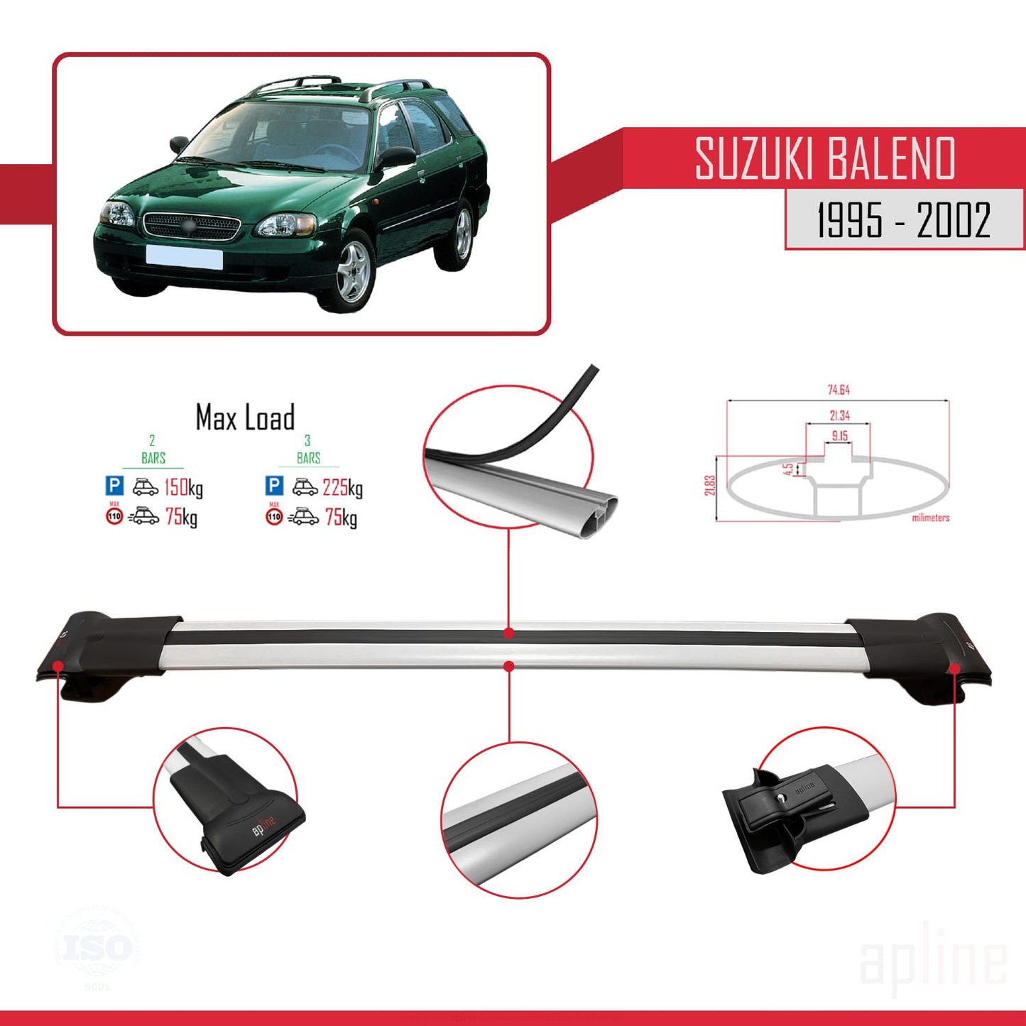 Compatible avec Suzuki Baleno 1995-2002 FLY Model Barres de Toit Railing Porte-Bagages de Voiture Gris Aluminium 3 Barres