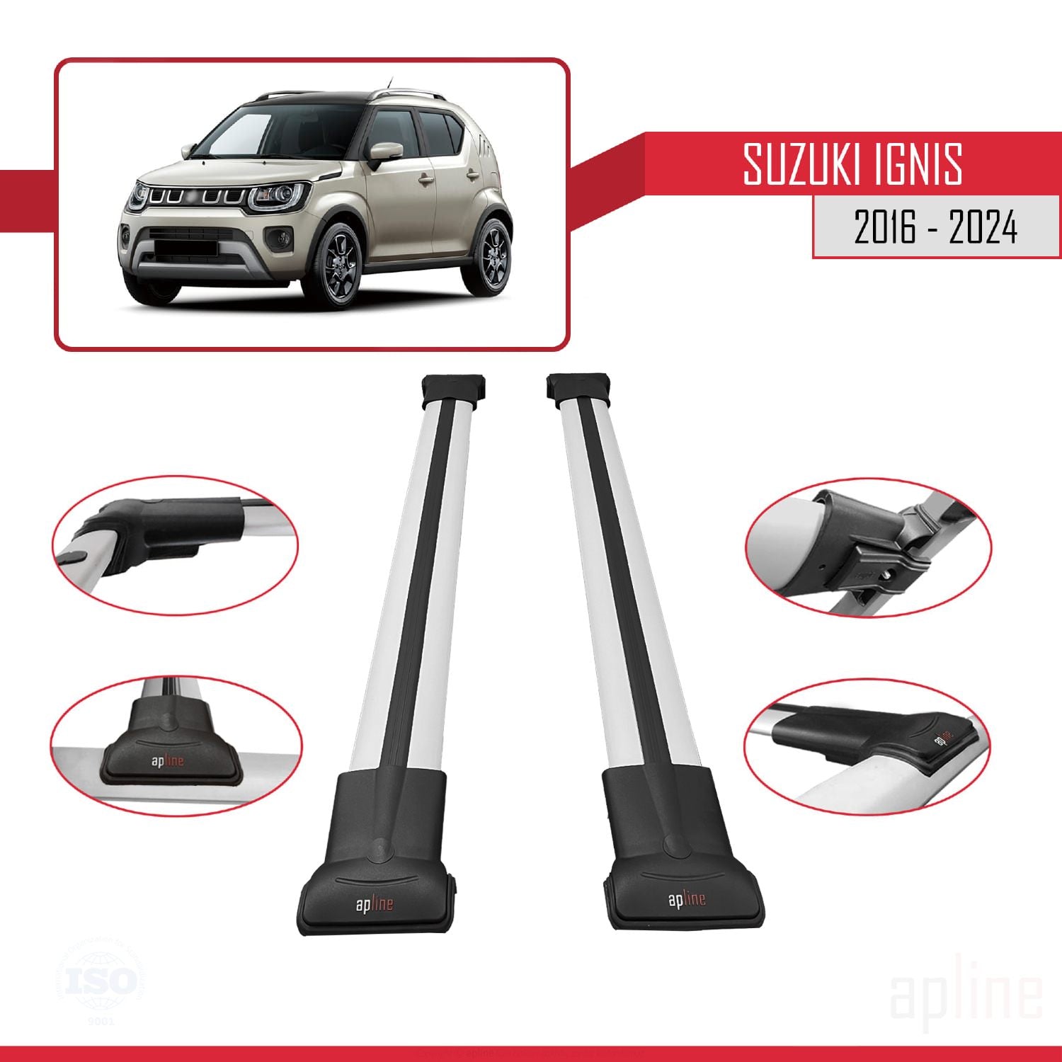 Compatible avec Suzuki Ignis 2016-2024 FLY Model Barres de Toit Railing Porte-Bagages de Voiture Gris Aluminium 2 Barres