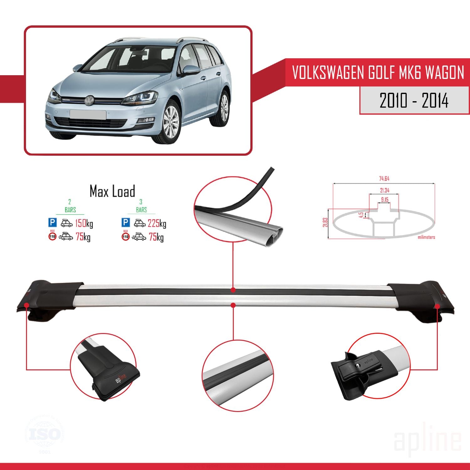 Compatible avec VW Golf Mk6 Wagon 2010-2014 FLY Model Barres de Toit Railing Porte-Bagages de Voiture Gris Aluminium 2 Barres