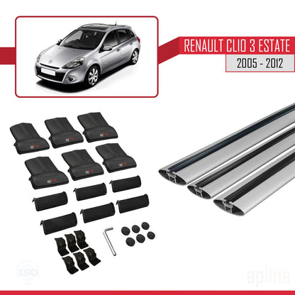 Compatible avec Renault Clio 3 Estate 2005-2012 FLY Model Barres de Toit Railing Porte-Bagages de Voiture Gris Aluminium 3 Barres