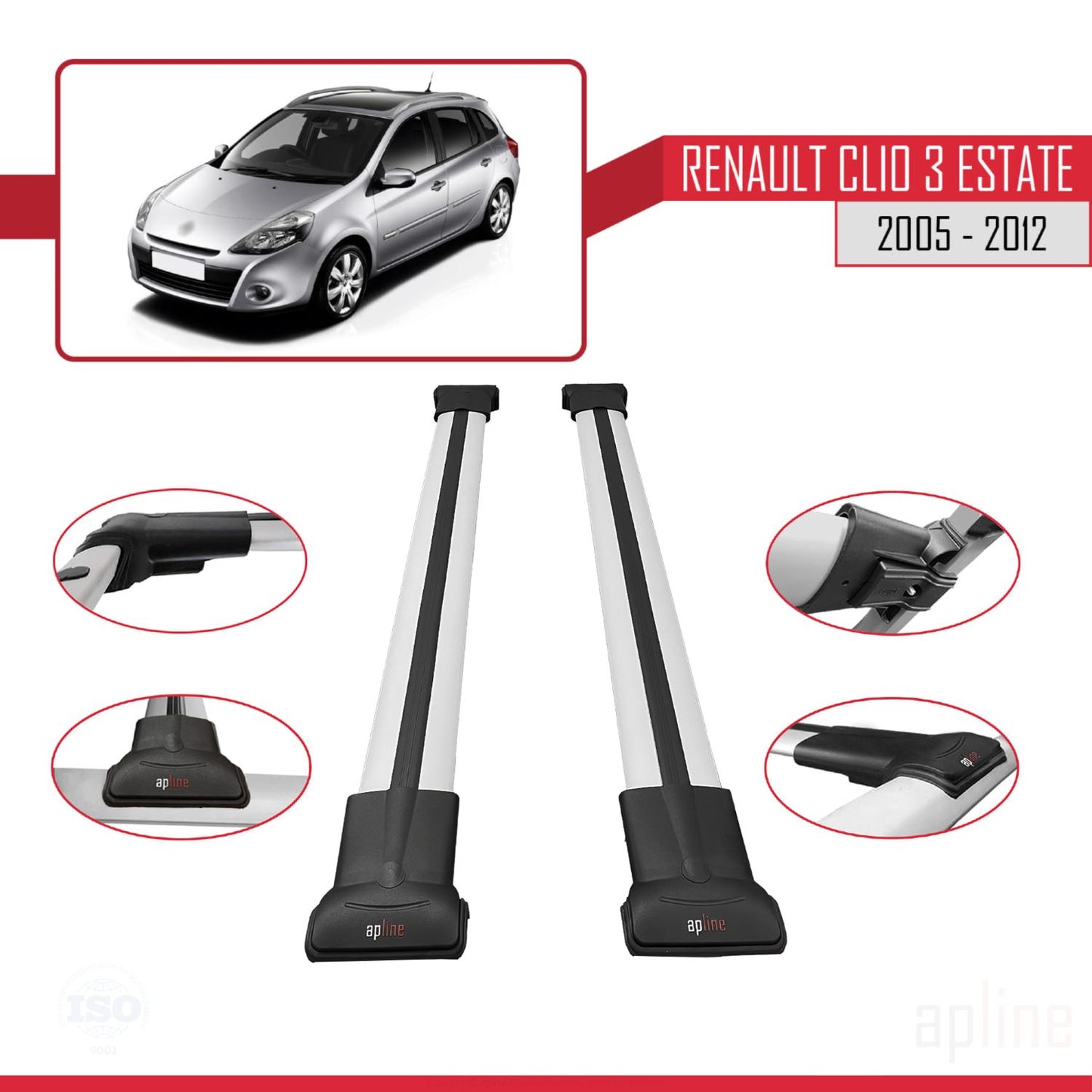 Compatible avec Renault Clio 3 Estate 2005-2012 FLY Model Barres de Toit Railing Porte-Bagages de Voiture Gris Aluminium 2 Barres