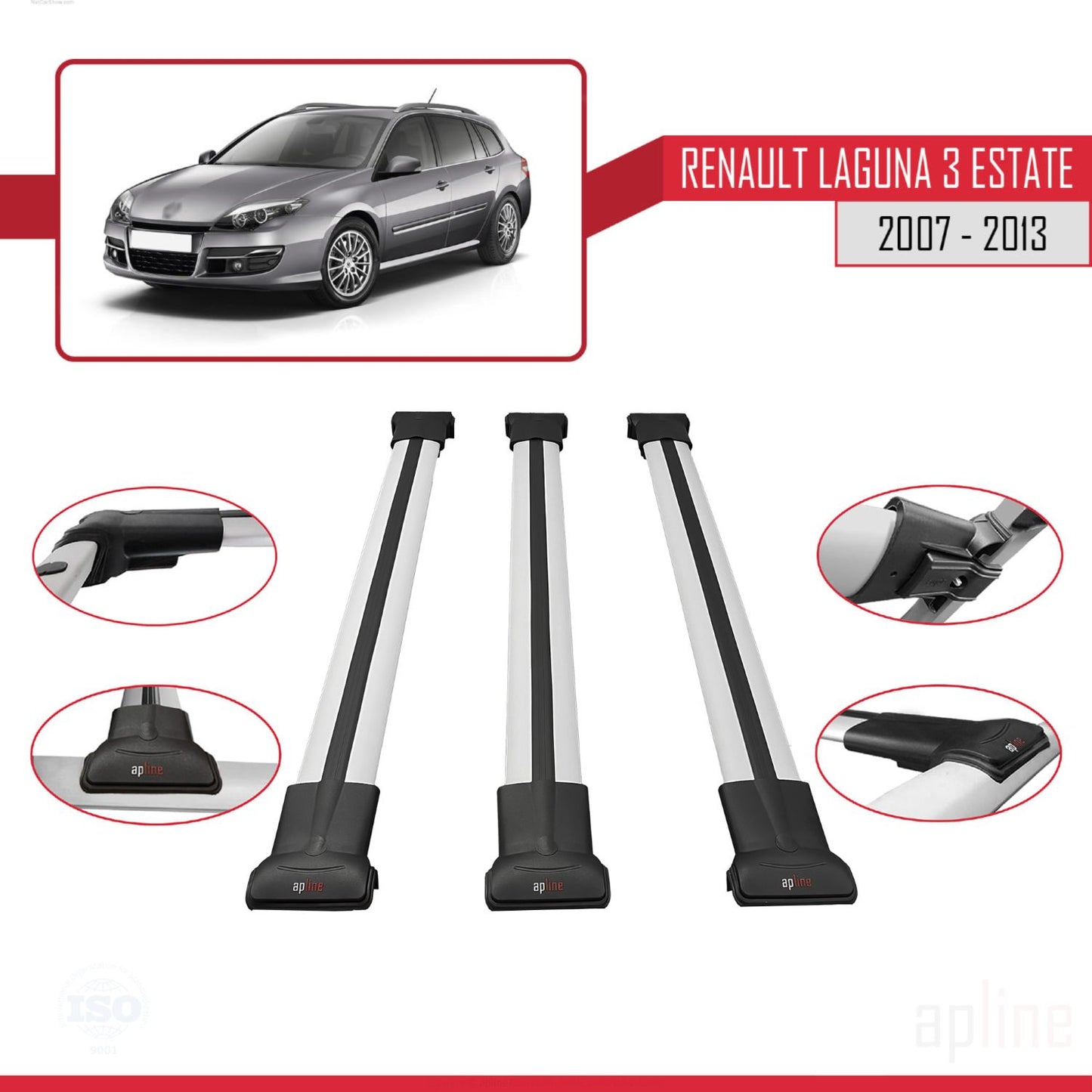 Compatible avec Renault Laguna 3 Estate 2007-2013 FLY Model Barres de Toit Railing Porte-Bagages de Voiture Gris Aluminium 3 Barres