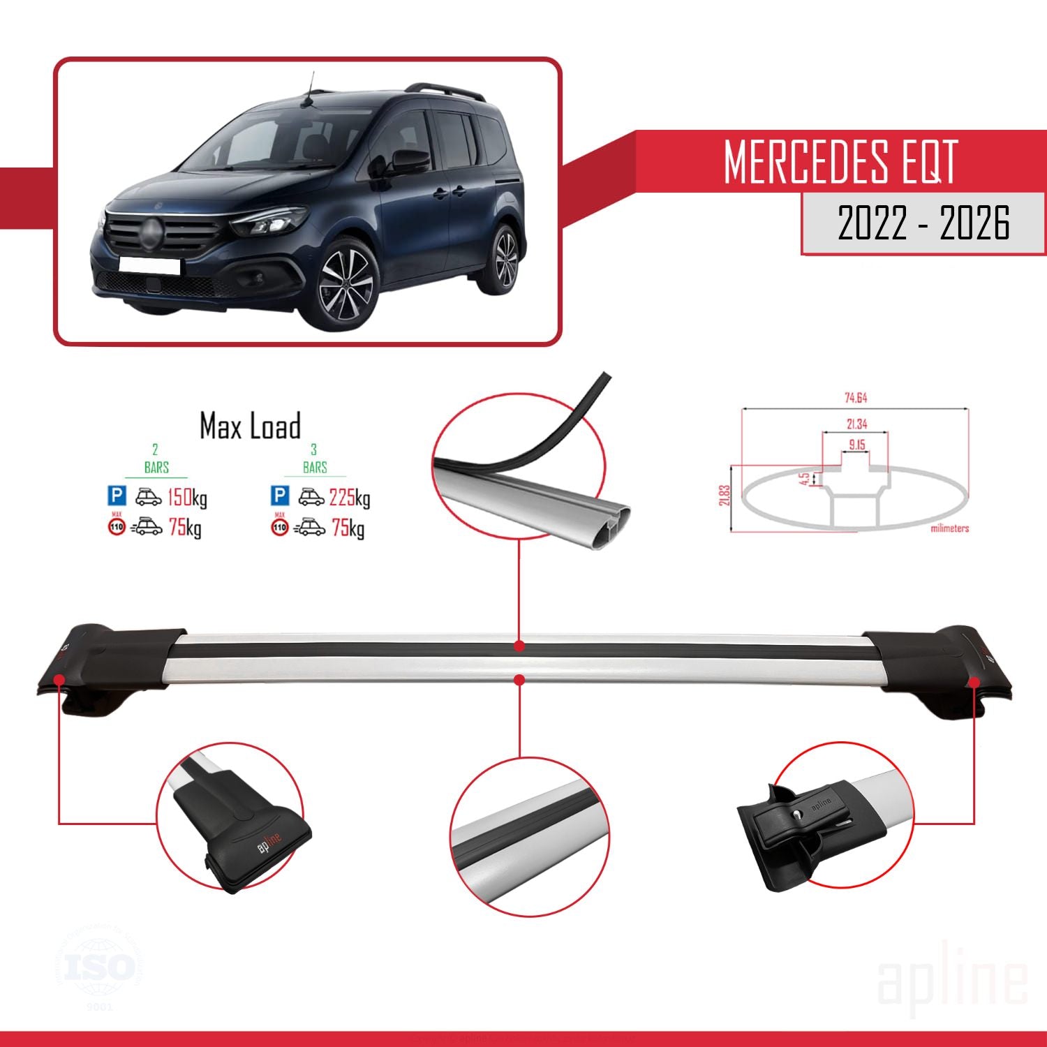 Compatible avec Mercedes EQT / Citan W420 2022-2025 FLY Model Barres de Toit Railing Porte-Bagages de Voiture Gris Aluminium 2 Barres