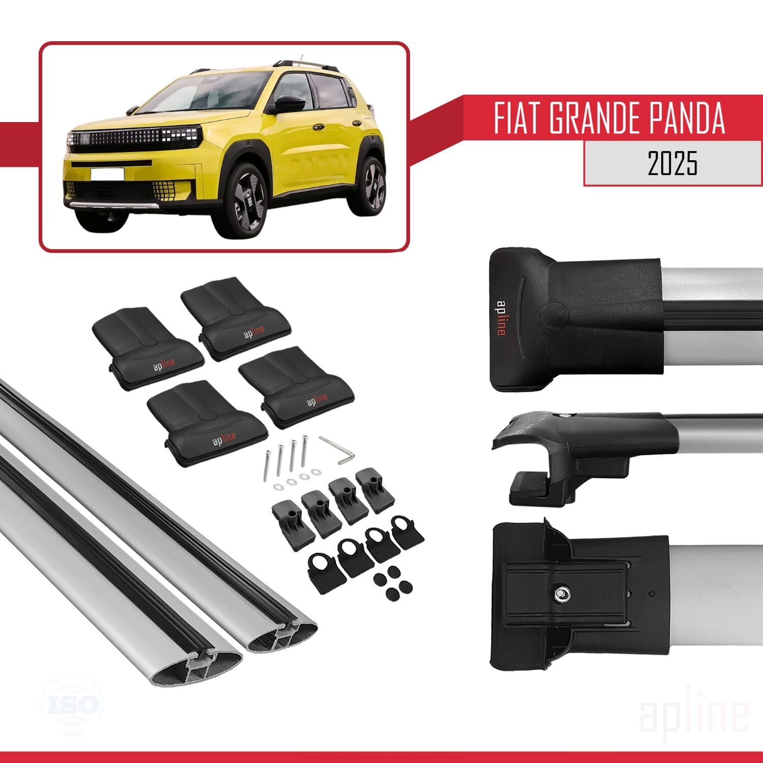 Compatible avec Fiat Grande Panda 2025-2025 FLY Model Barres de Toit Railing Porte-Bagages de Voiture Gris Aluminium 2 Barres