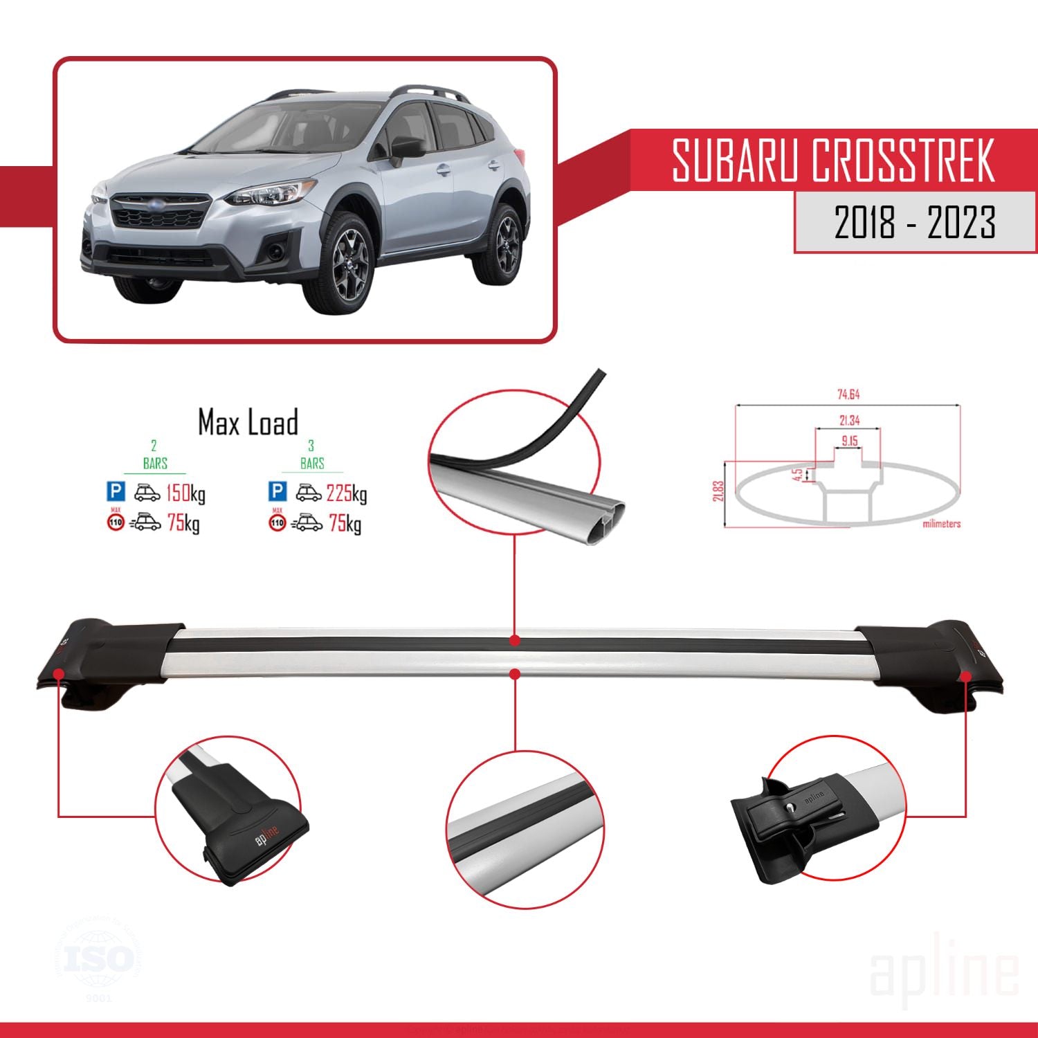 Compatible avec Subaru Crosstrek 2018-2023 FLY Model Barres de Toit Railing Porte-Bagages de Voiture Gris Aluminium 3 Barres