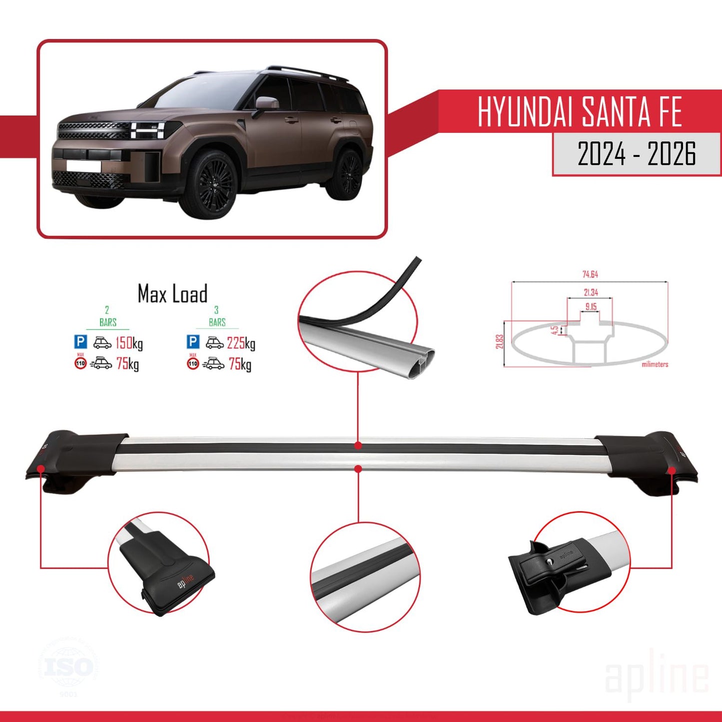 Compatible avec Hyundai Santa Fe 2024-2025 FLY Model Barres de Toit Railing Porte-Bagages de Voiture Gris Aluminium 2 Barres