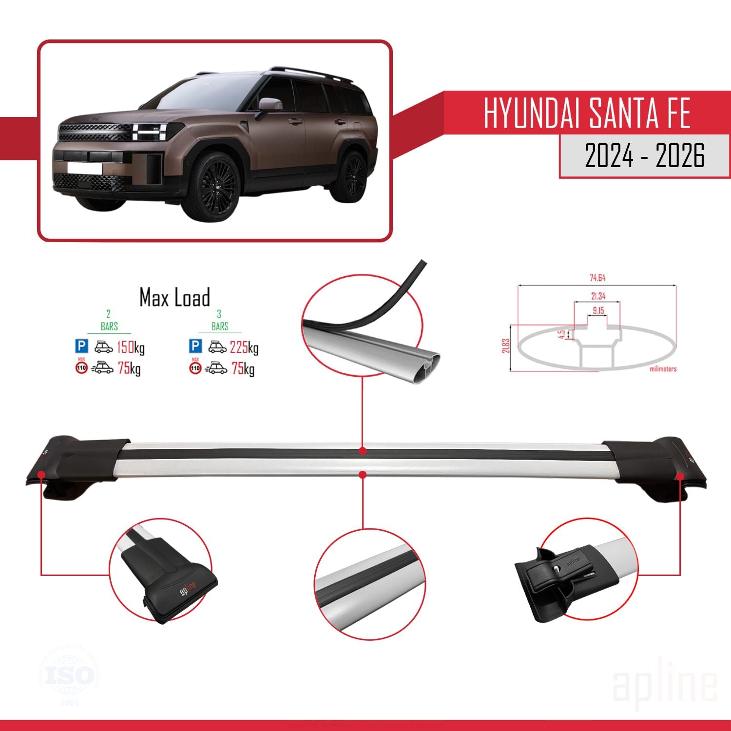 Compatible avec Hyundai Santa Fe 2024-2025 FLY Model Barres de Toit Railing Porte-Bagages de Voiture Gris Aluminium 2 Barres