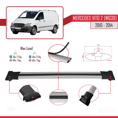 Compatible avec Mercedes Vito 2 (W639) Post-Facelift 2010-2014 FLY Model Barres de Toit Railing Porte-Bagages de Voiture Gris Aluminium 3 Barres