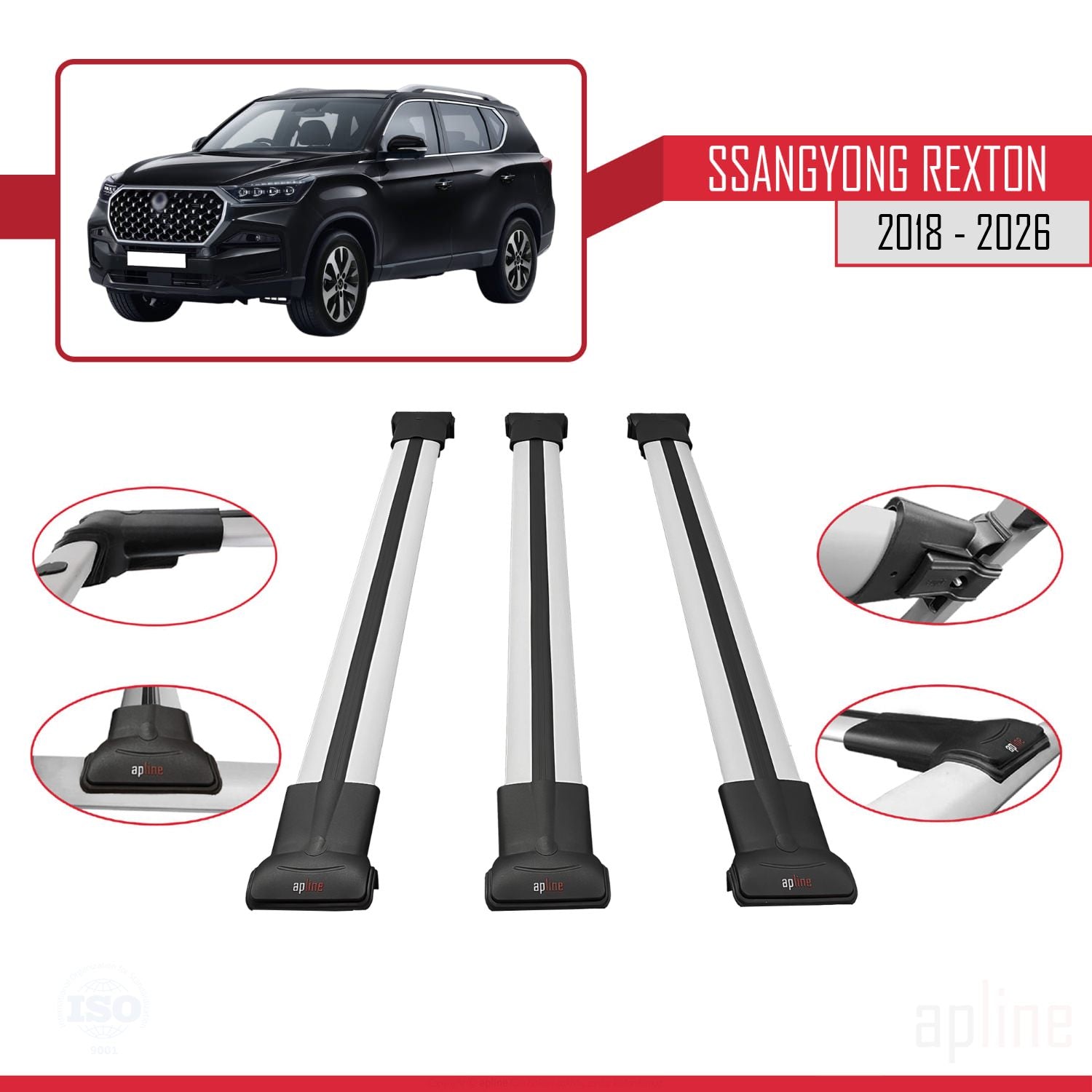 Compatible avec SsangYong Rexton 2018-2025 FLY Model Barres de Toit Railing Porte-Bagages de Voiture Gris Aluminium 3 Barres