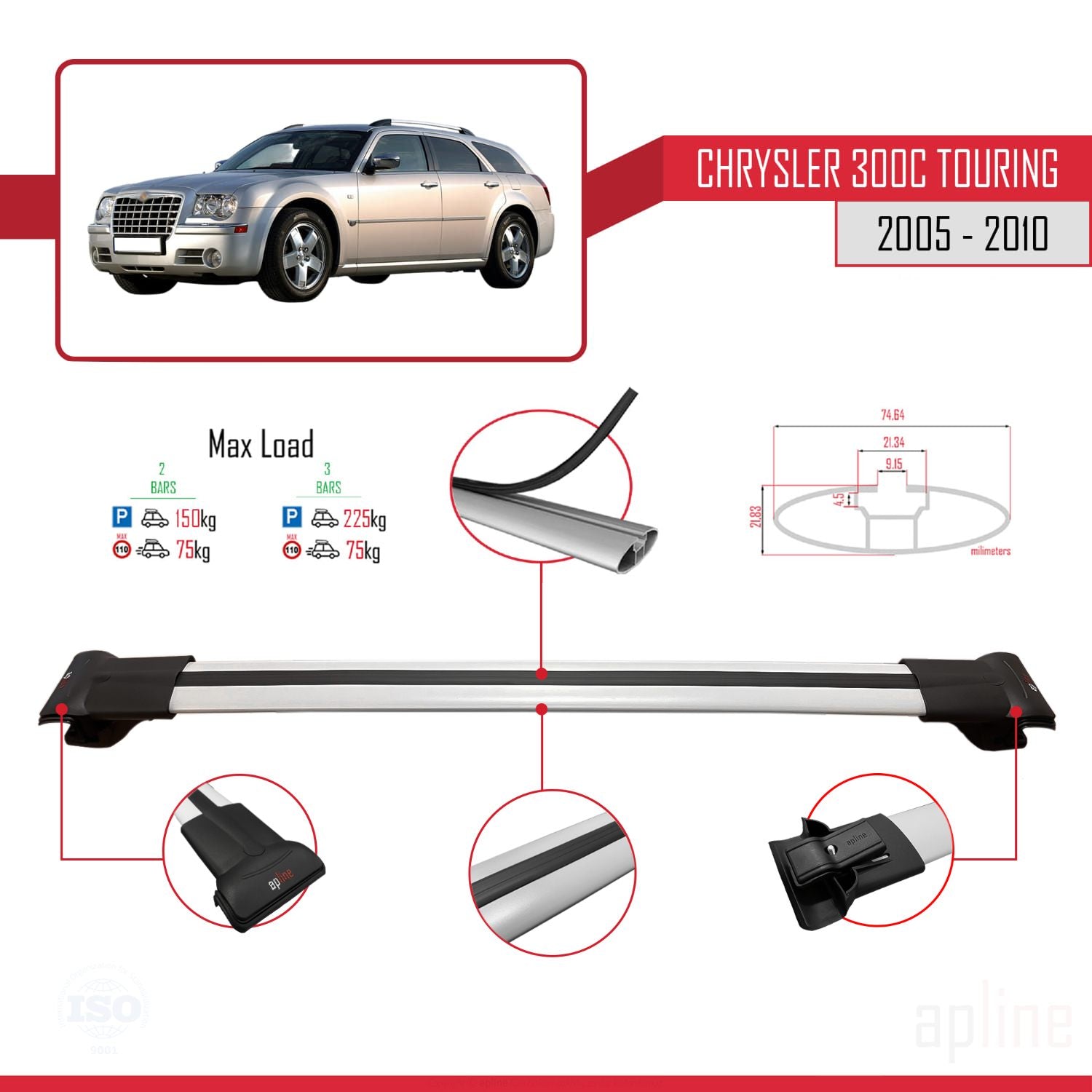 Compatible avec Chrysler 300C Touring 2005-2010 FLY Model Barres de Toit Railing Porte-Bagages de Voiture Gris Aluminium 3 Barres