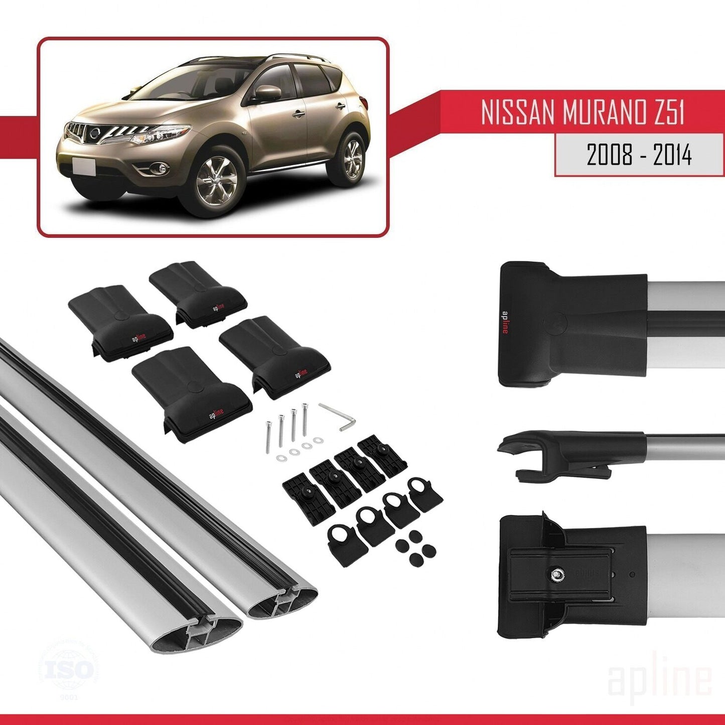 Compatible with Nissan Murano 2 (Z51) 2008-2014 FLY Model Car Roof Rack Cross Bar Grey Aluminium 2 Bars