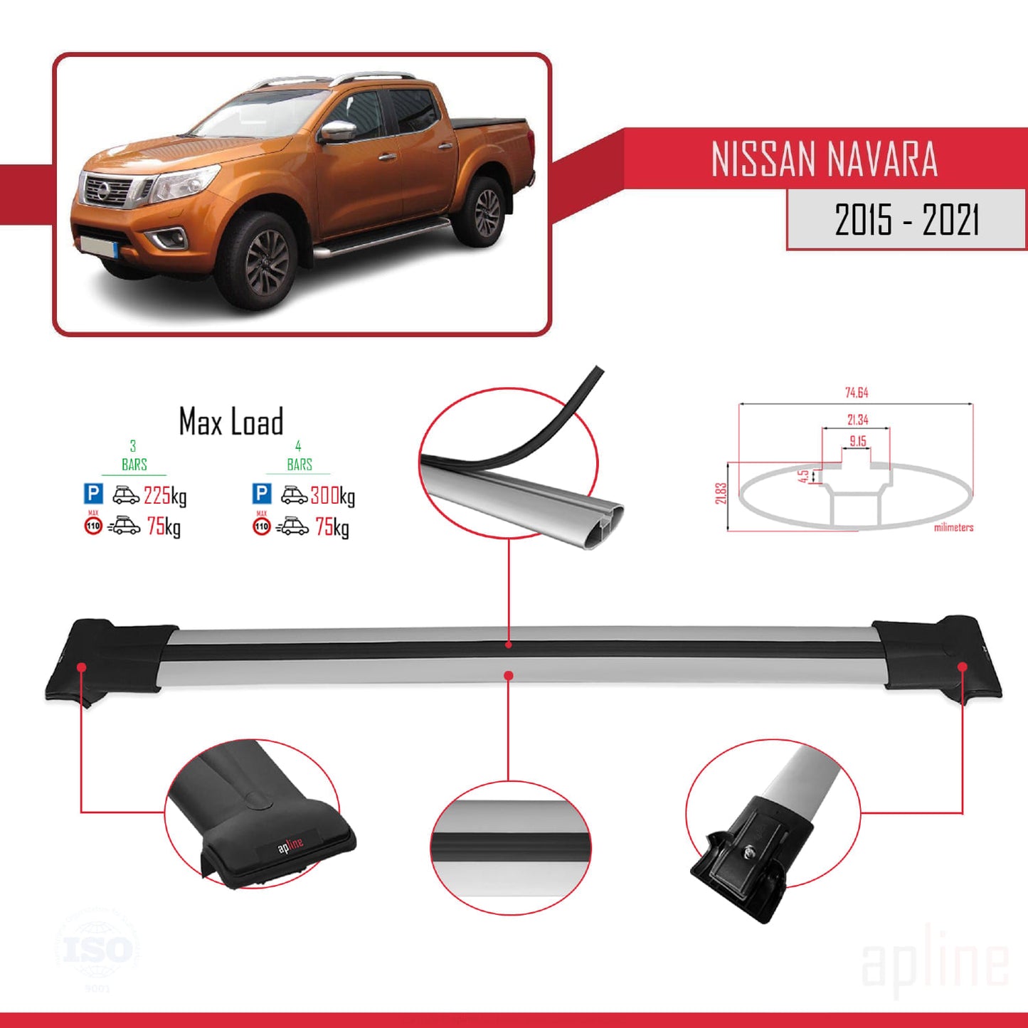 Compatible avec Nissan Navara 4 (D23) 2015-2021 FLY Model Barres de Toit Railing Porte-Bagages de Voiture Gris Aluminium 3 Barres