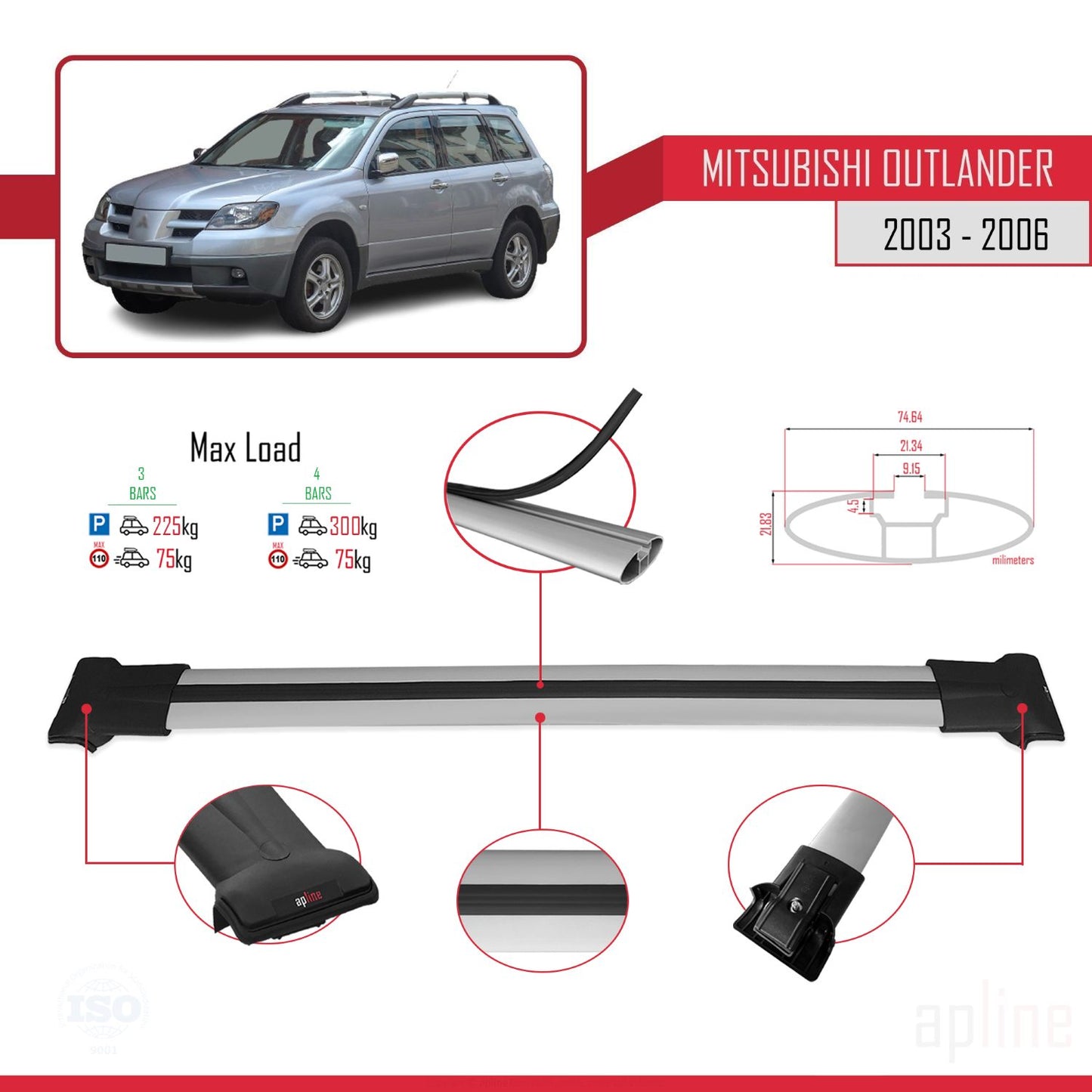 Compatible with Mitsubishi Outlander 2003-2006 FLY Model Car Roof Rack Cross Bar Grey Aluminium 3 Bars