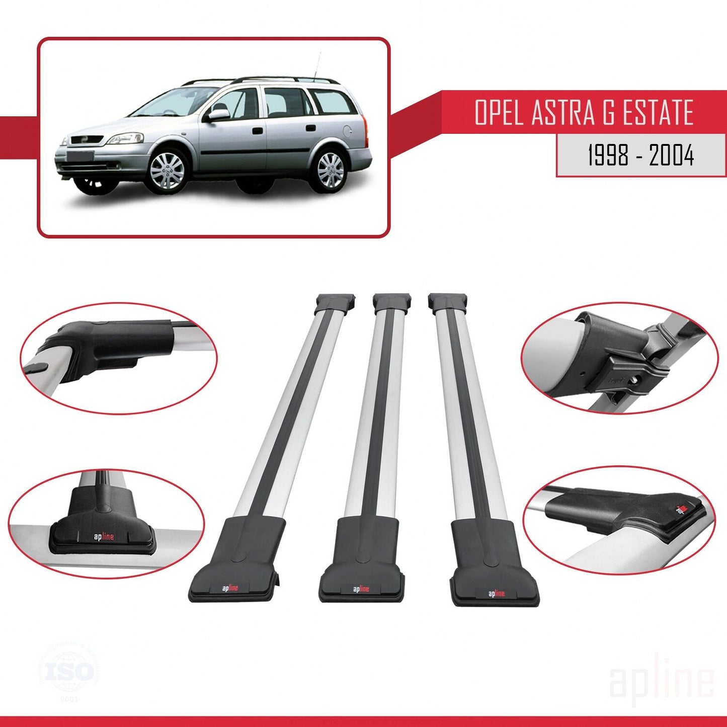 Compatible avec Opel Astra G (T98) Break 1998-2004 FLY Model Barres de Toit Railing Porte-Bagages de Voiture Gris Aluminium 3 Barres