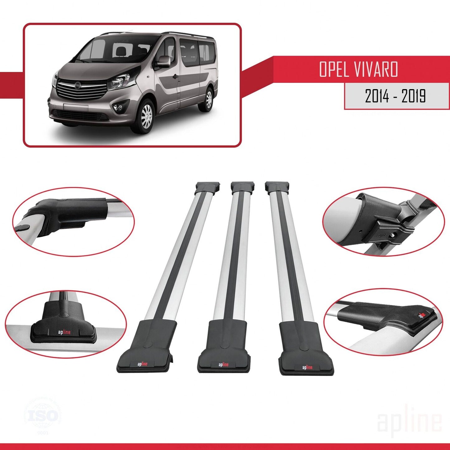 Compatible avec Opel Vivaro B 2014-2019 FLY Model Barres de Toit Railing Porte-Bagages de Voiture Gris Aluminium 3 Barres