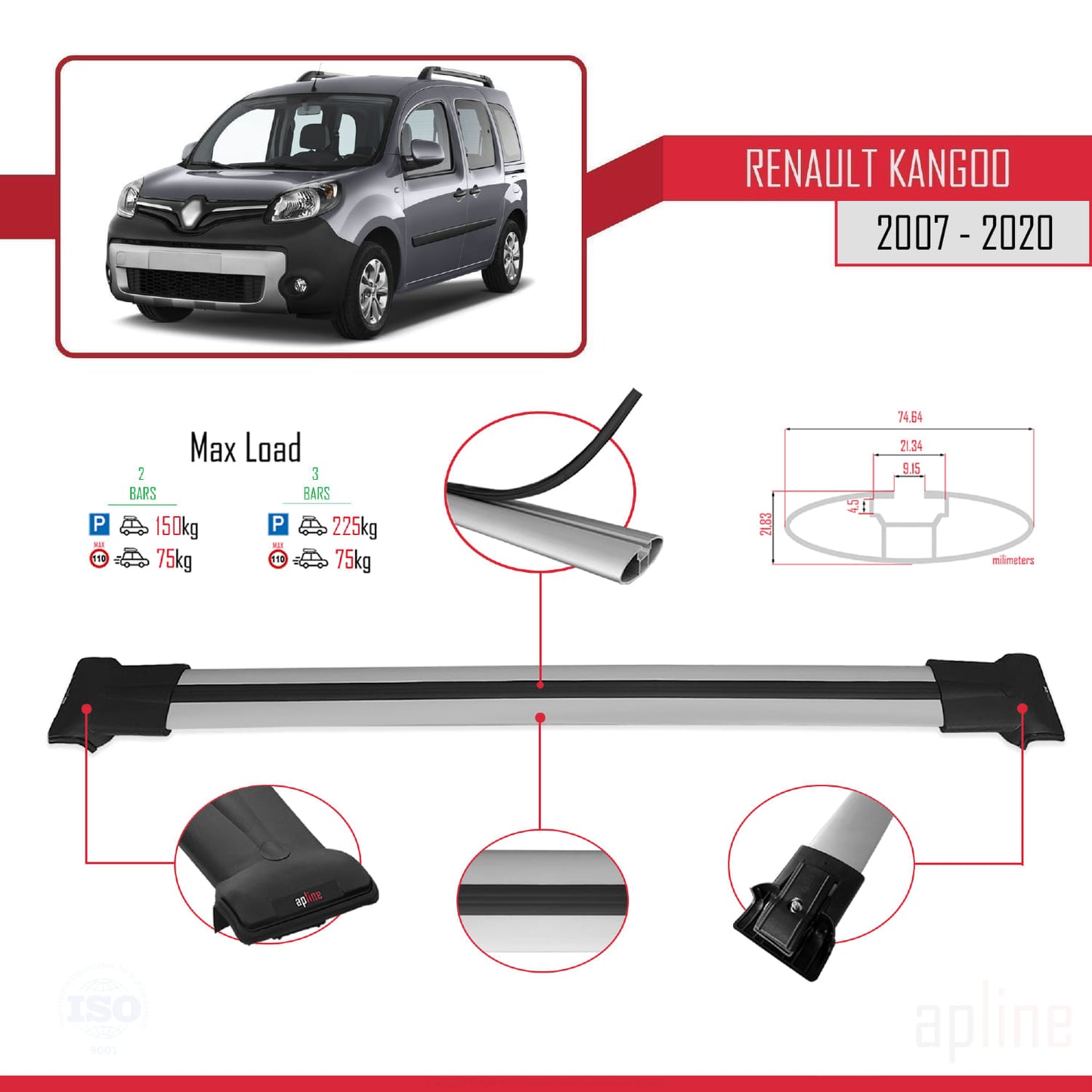 Compatible avec Renault Kangoo 2 (X61) 2007-2020 FLY Model Barres de Toit Railing Porte-Bagages de Voiture Gris Aluminium 2 Barres