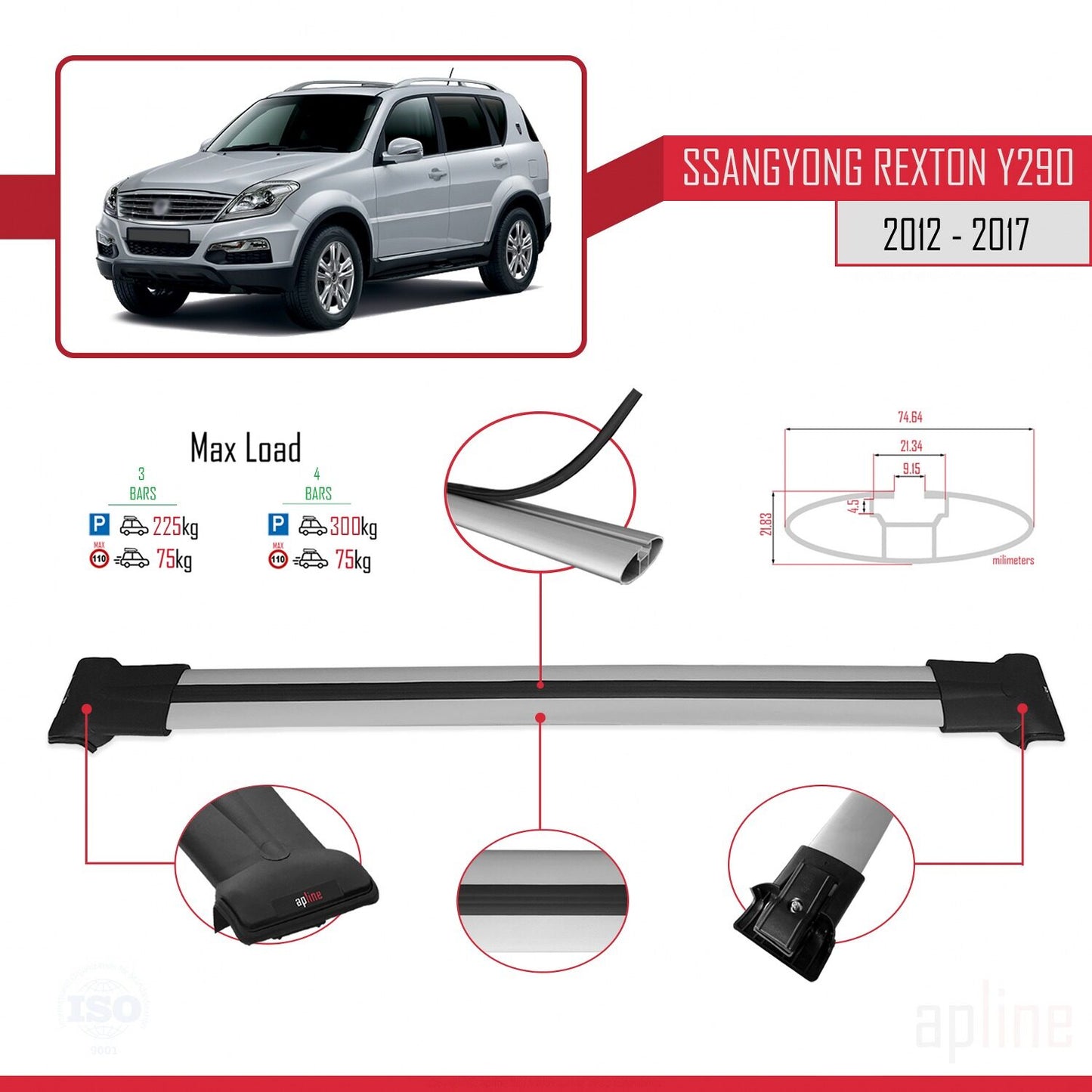 Compatible avec Ssangyong Rexton (Y290) 2012-2017 FLY Model Barres de Toit Railing Porte-Bagages de Voiture Gris Aluminium 3 Barres