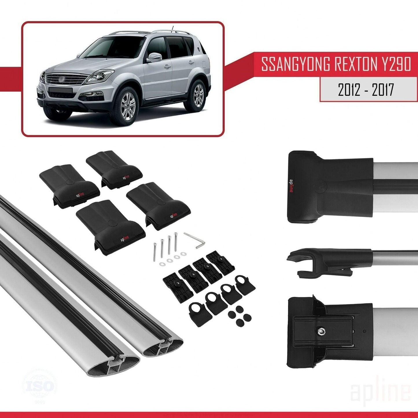 Compatible avec Ssangyong Rexton (Y290) 2012-2017 FLY Model Barres de Toit Railing Porte-Bagages de Voiture Gris Aluminium 2 Barres