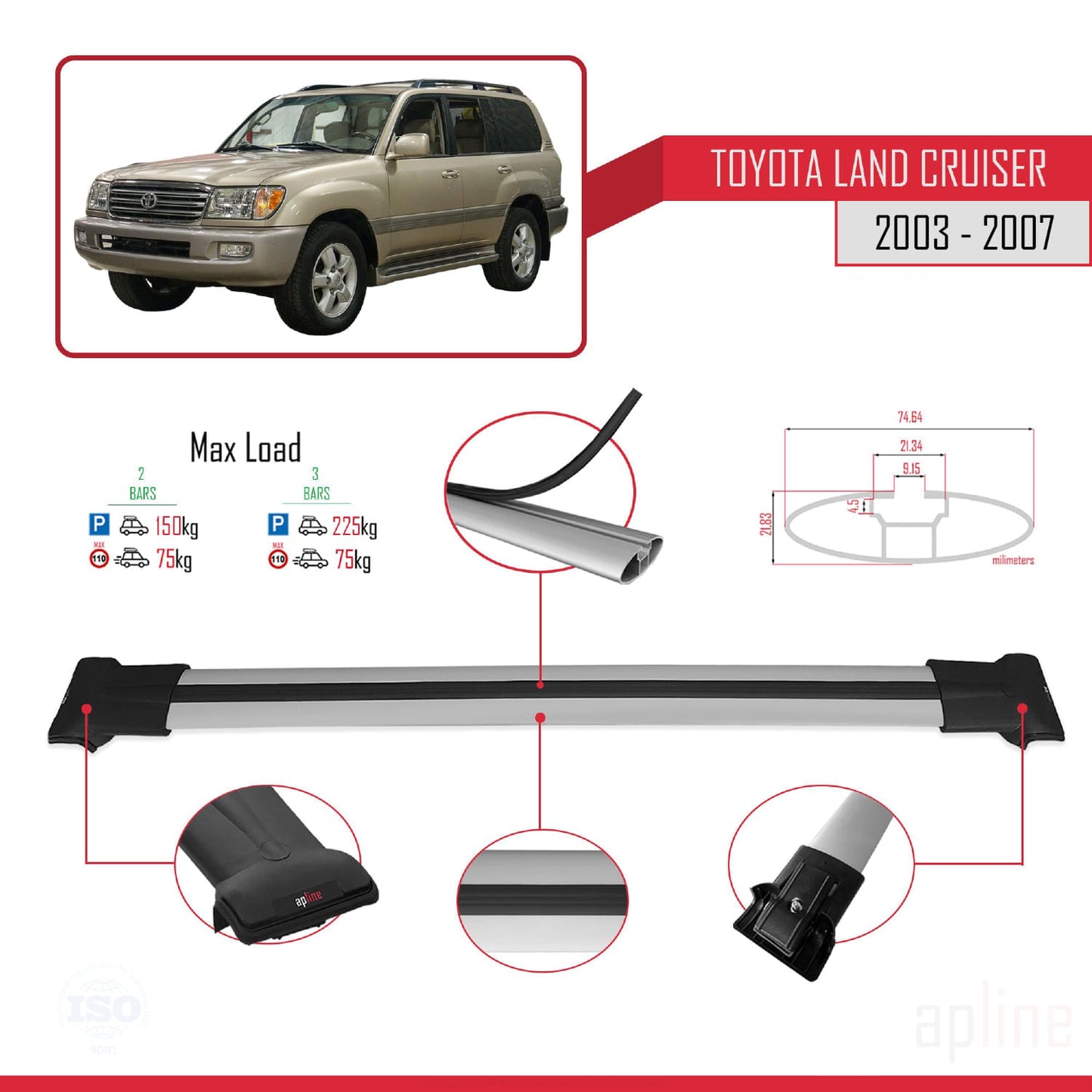 Compatible avec Toyota Land Cruiser (J100) 2003-2007 FLY Model Barres de Toit Railing Porte-Bagages de Voiture Gris Aluminium 2 Barres