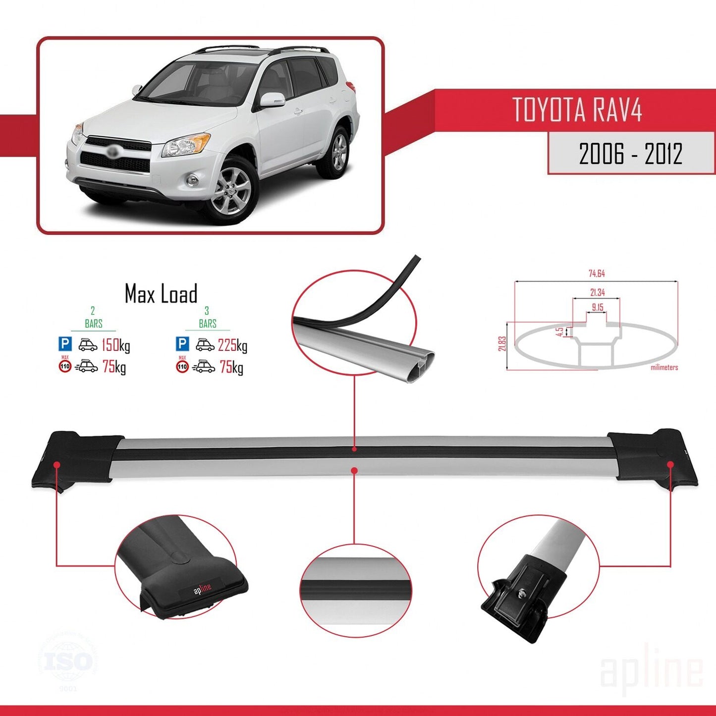 Compatible avec Toyota RAV4 III (XA30) 2006-2012 FLY Model Barres de Toit Railing Porte-Bagages de Voiture Gris Aluminium 2 Barres