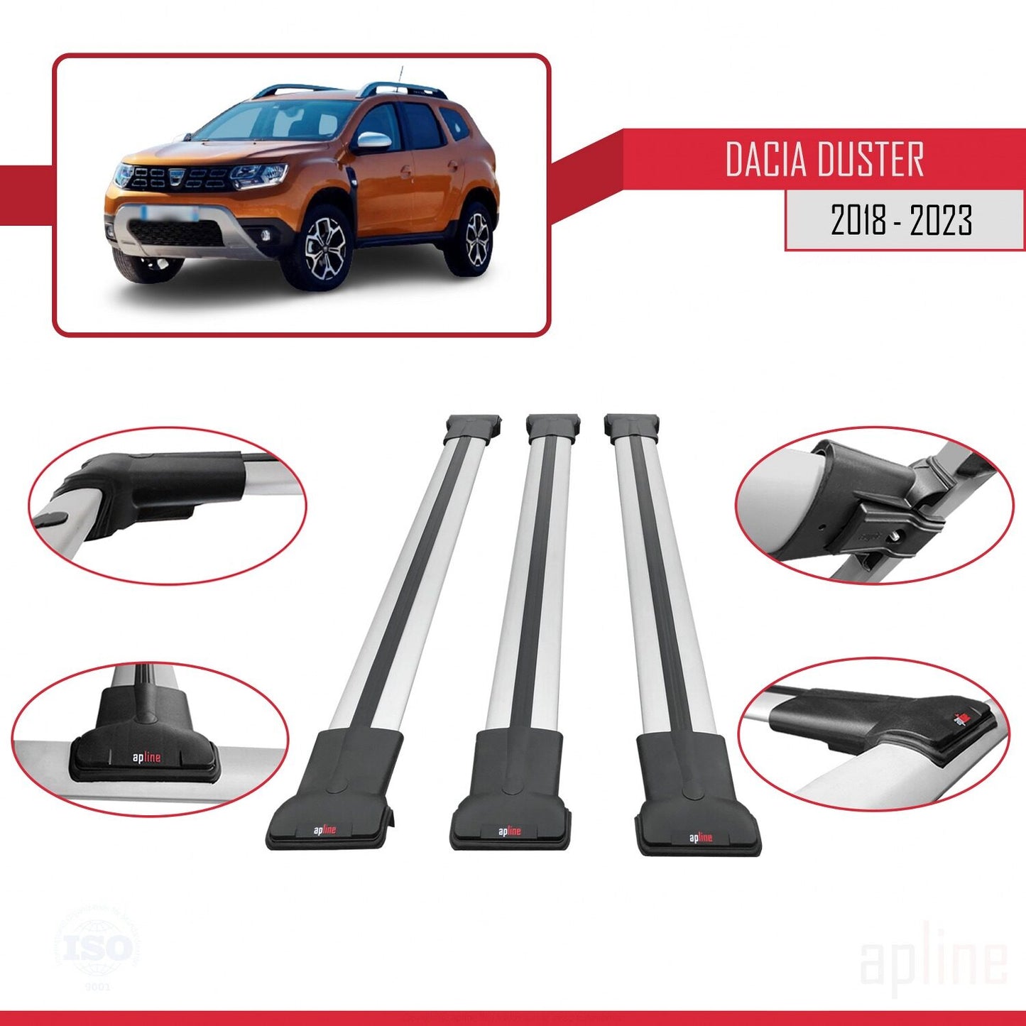 Compatible avec Dacia Duster 2 (HM) 2018-2024 FLY Model Barres de Toit Railing Porte-Bagages de Voiture Gris Aluminium 3 Barres